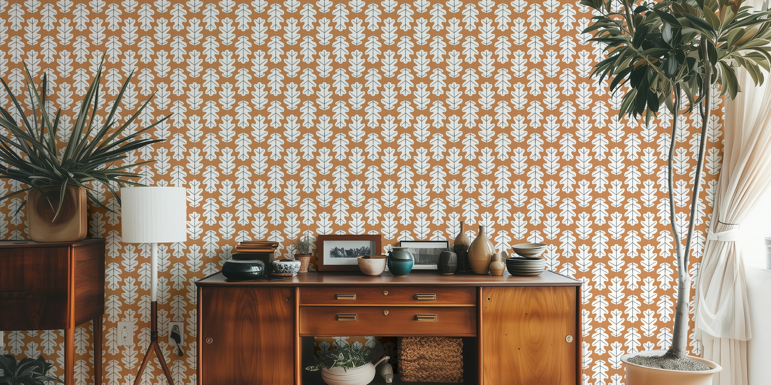 Oak Leaf Pattern Boho Brown tapetti huoneessa