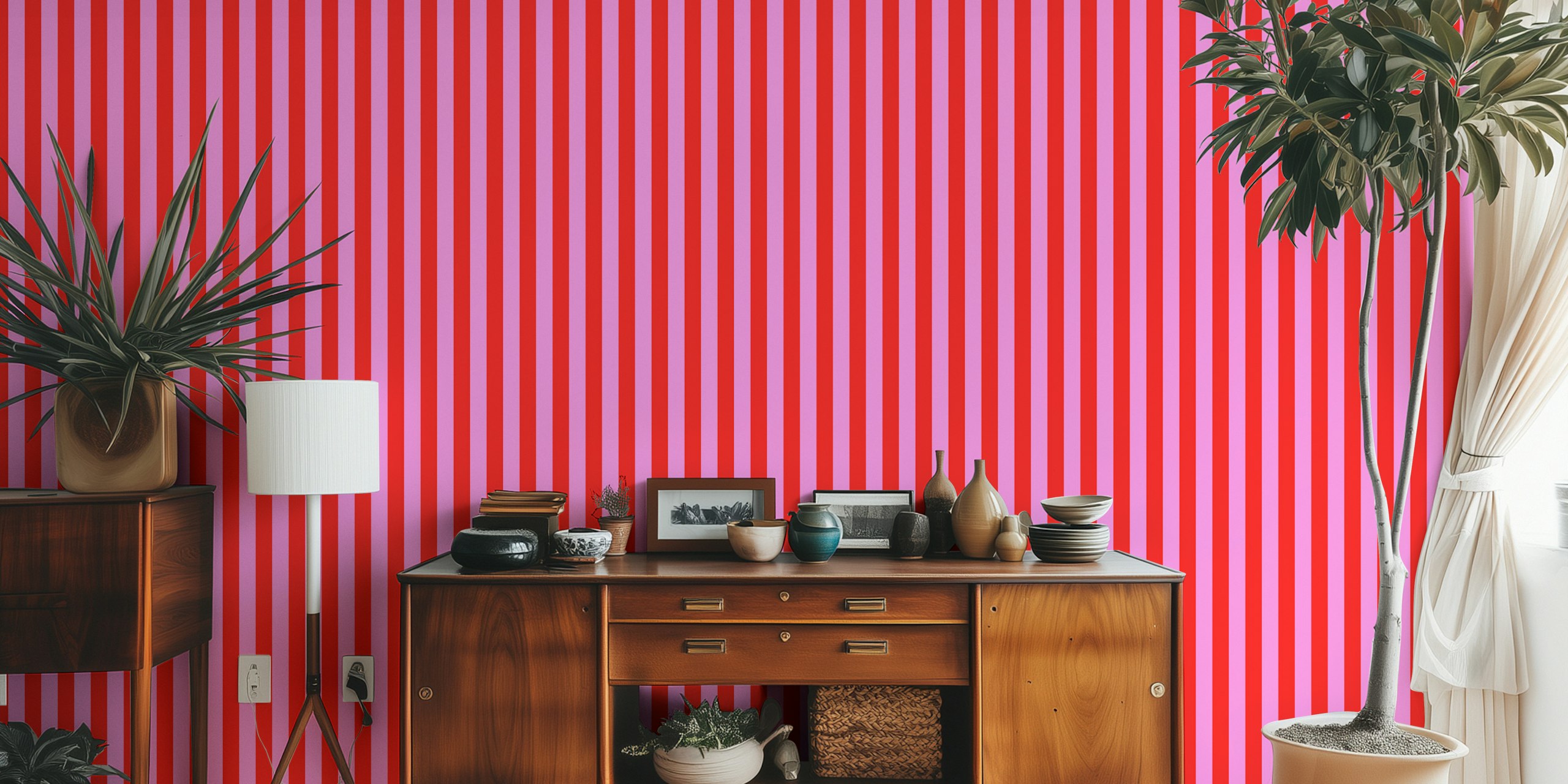 Preppy pink and red vertical stripes wallpaper in room