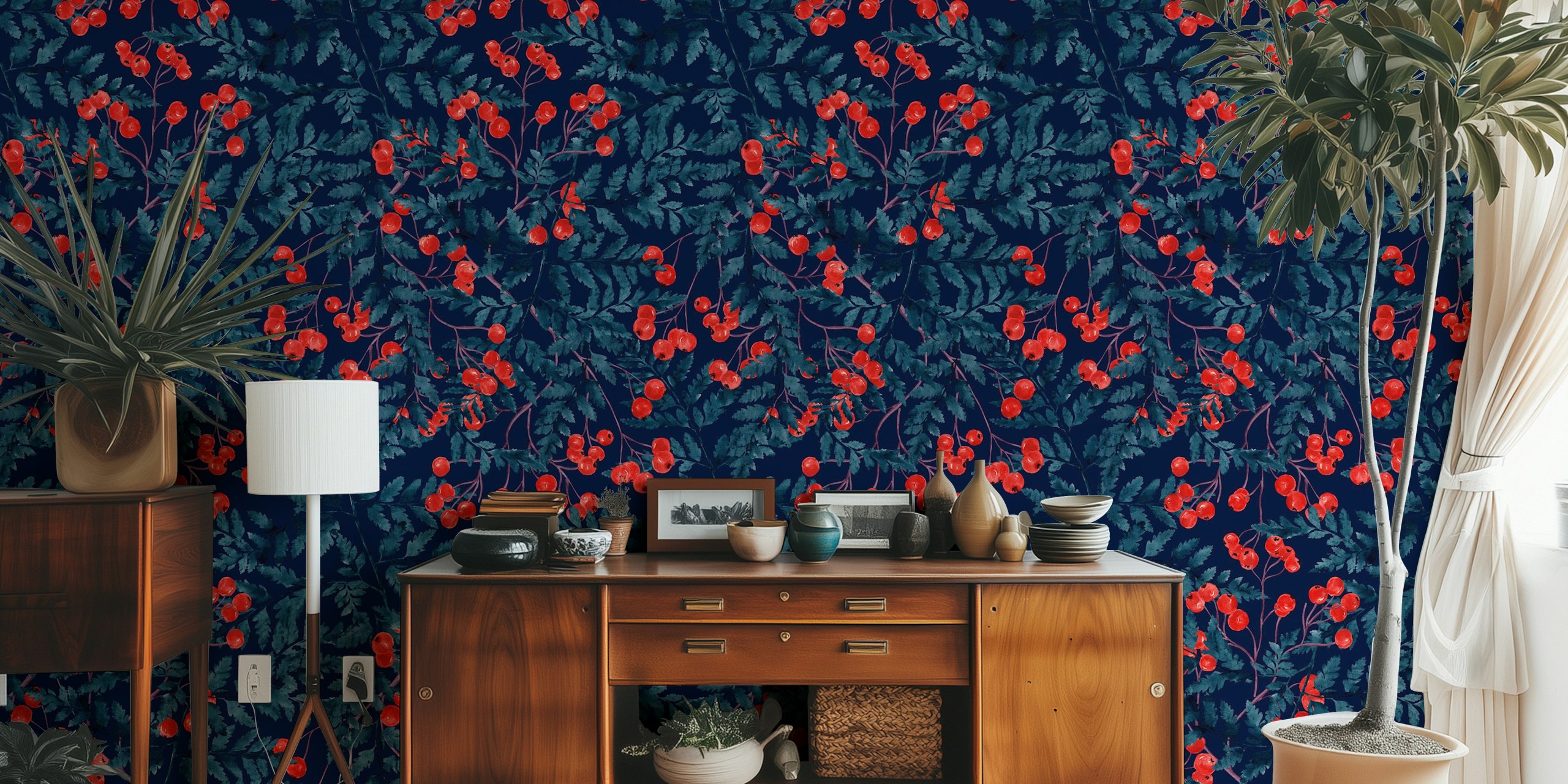 Midnight Berries behang in een kamer