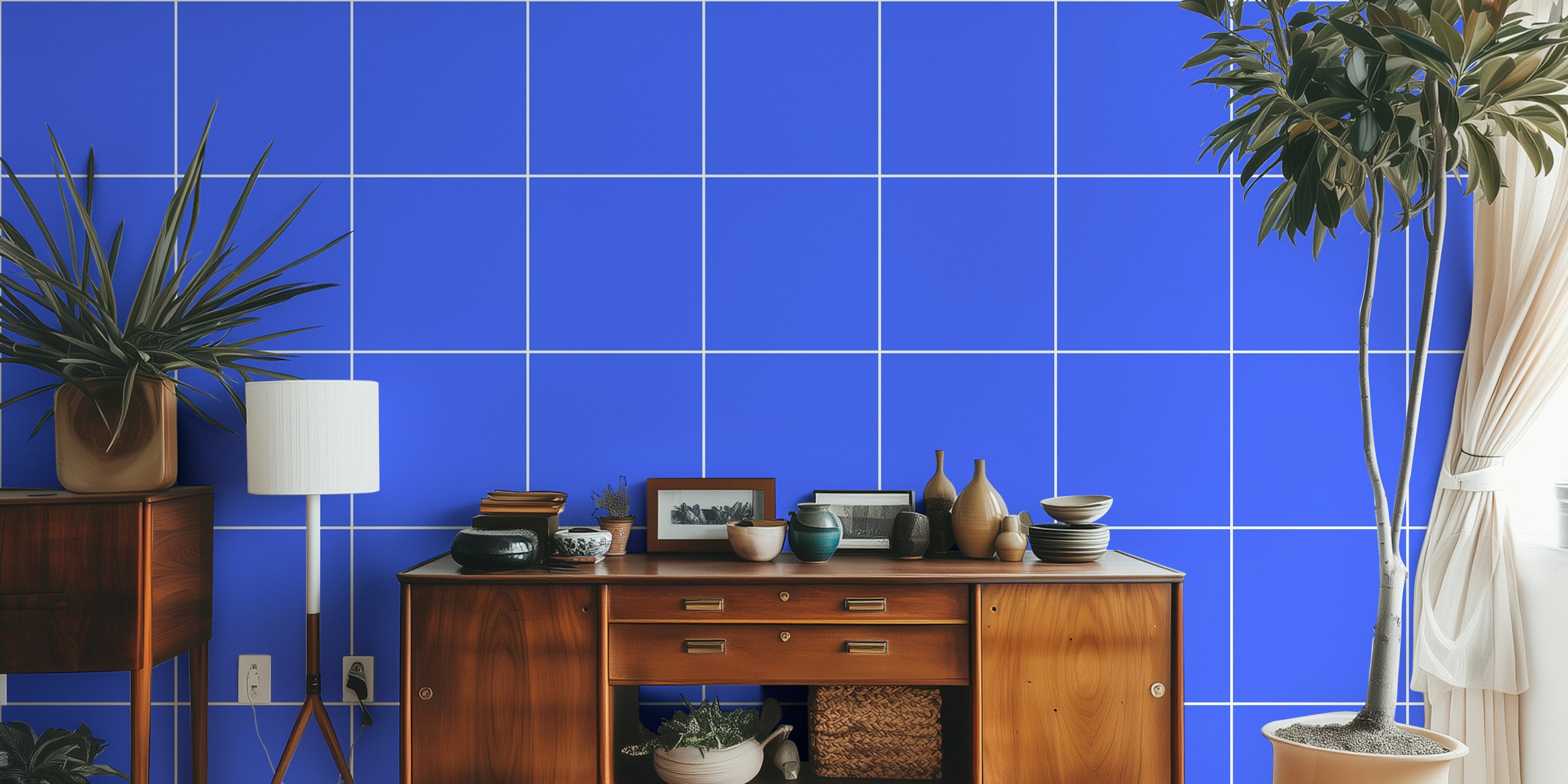 Cobalt blue and white grid pattern wallpaper in a room