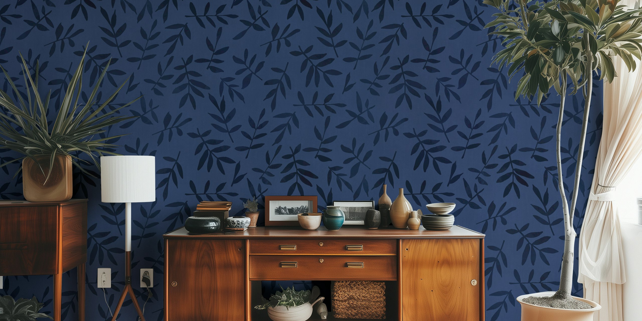 Midnight Blue Ditsy Leaf Design Tapete