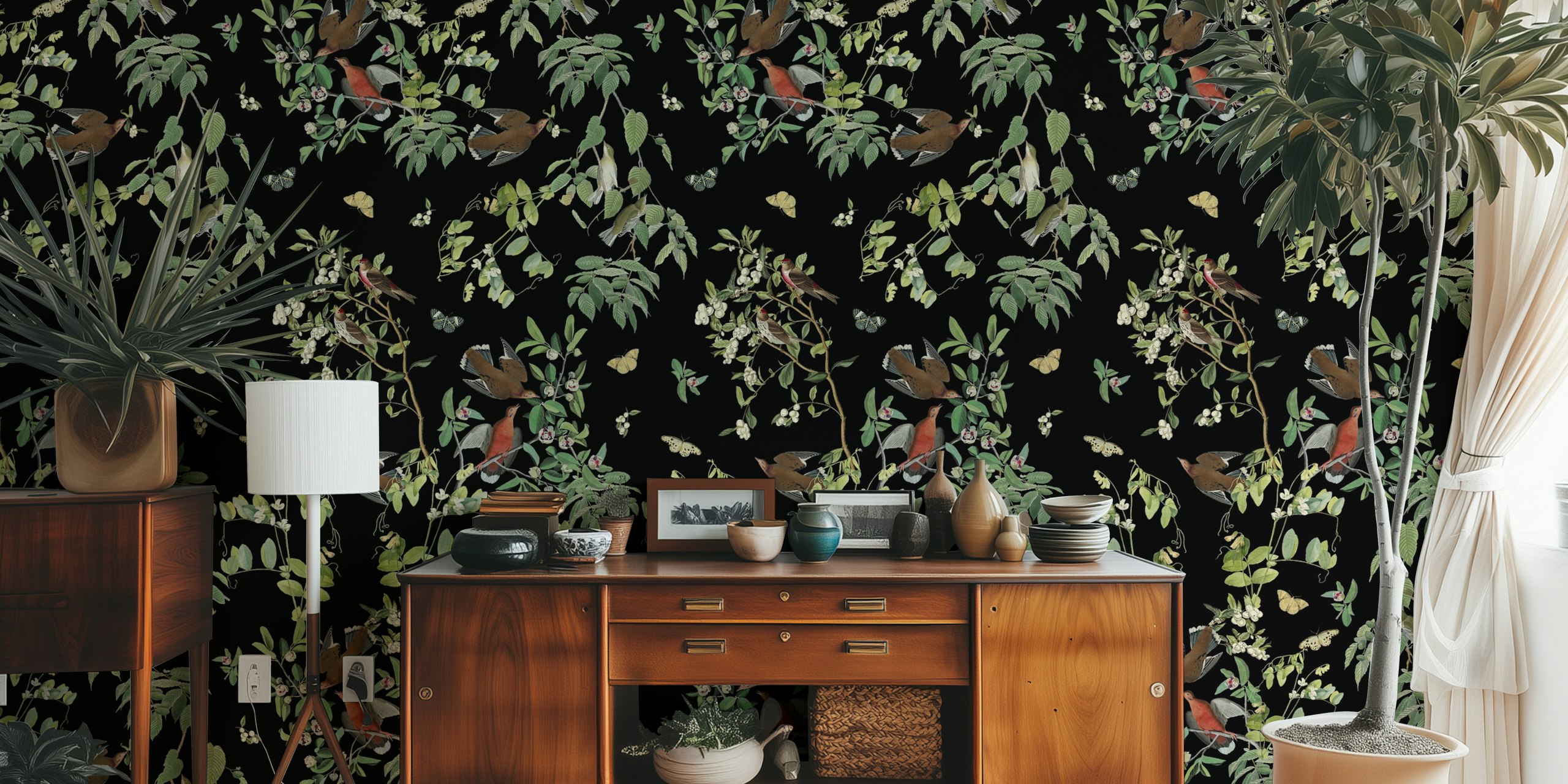 Wings and Flora Charm Black Velvet tapet i ett rum