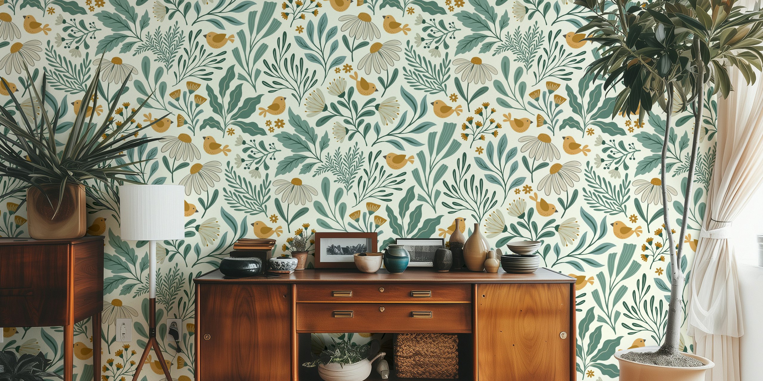 Boho garden wallpaper design with green and tan