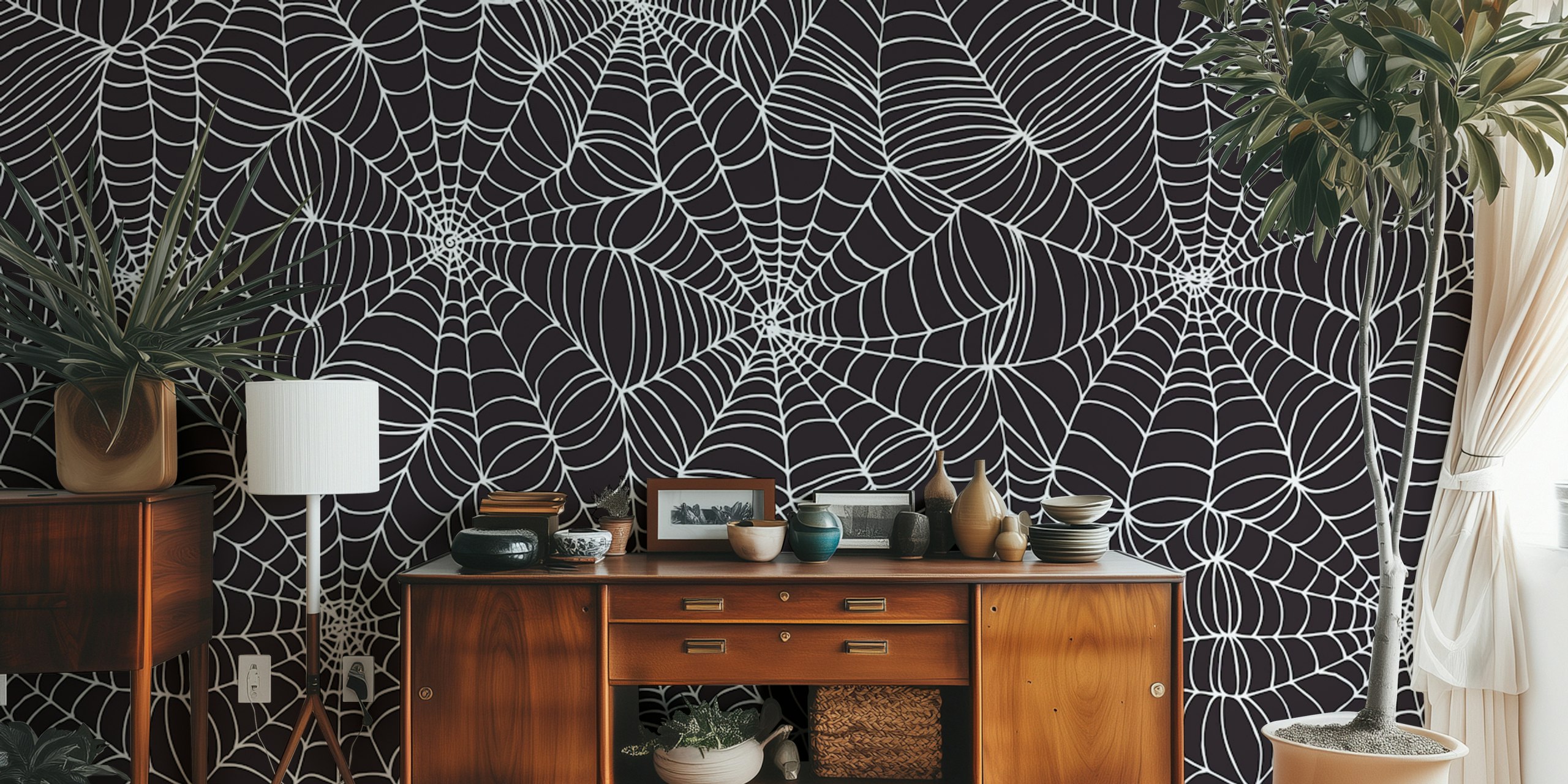 Wzór białych spiderwebs na czarnej tapecie