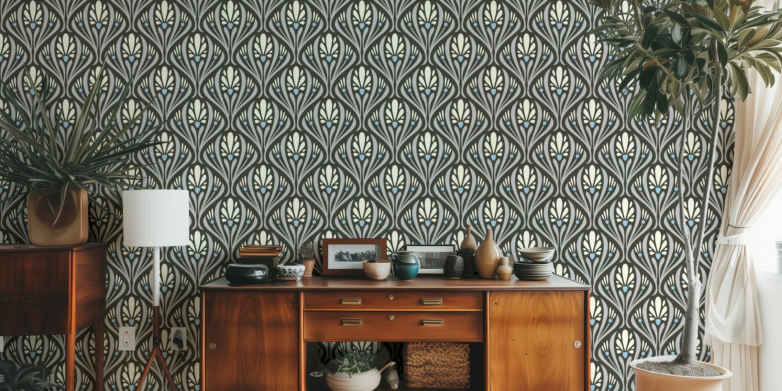 A pattern of Art Nouveau floral motifs in gray, light blue, and cream colors wallpaper