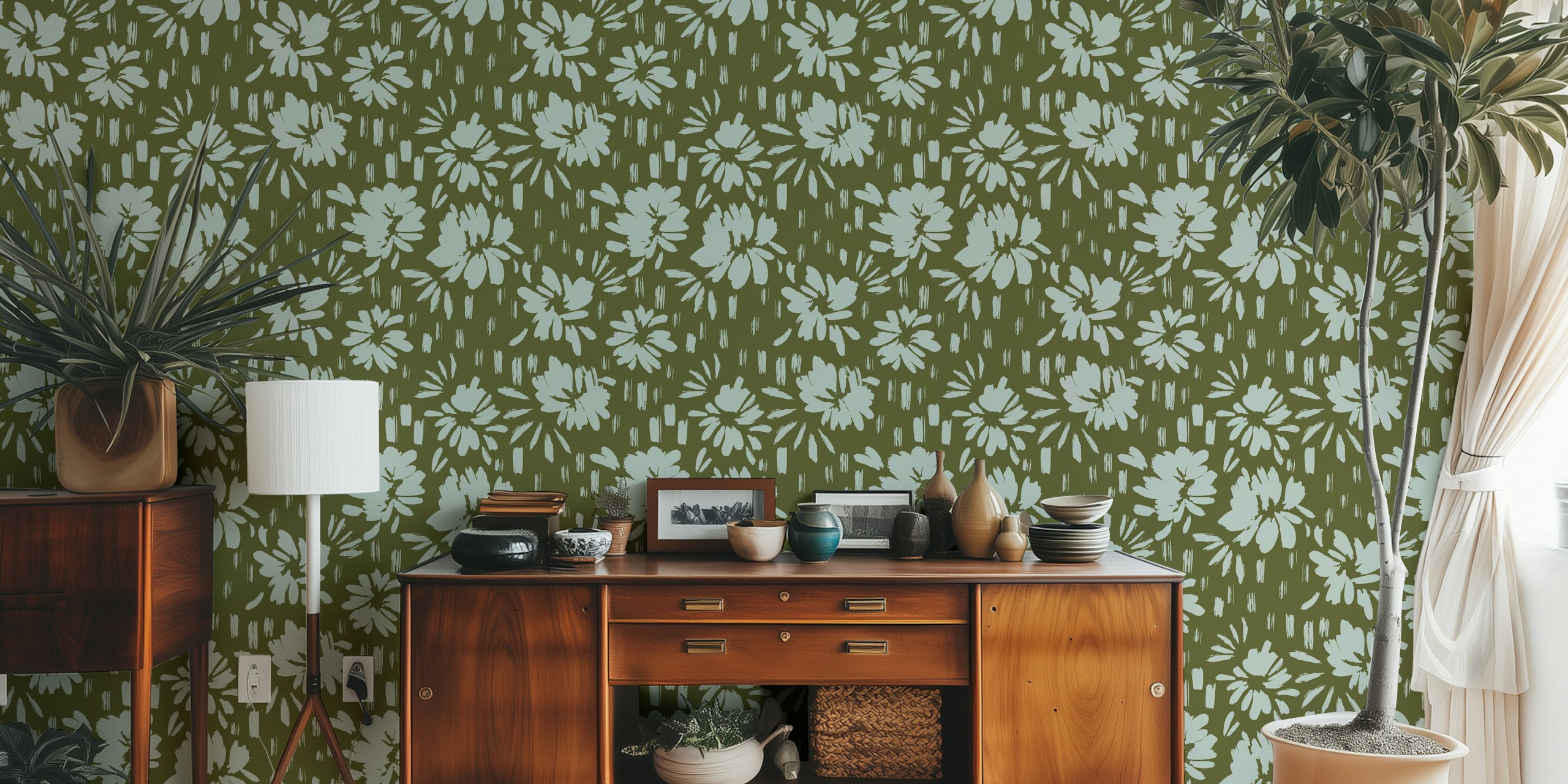 Green floral brush strokes wallpaper with light blue flowers