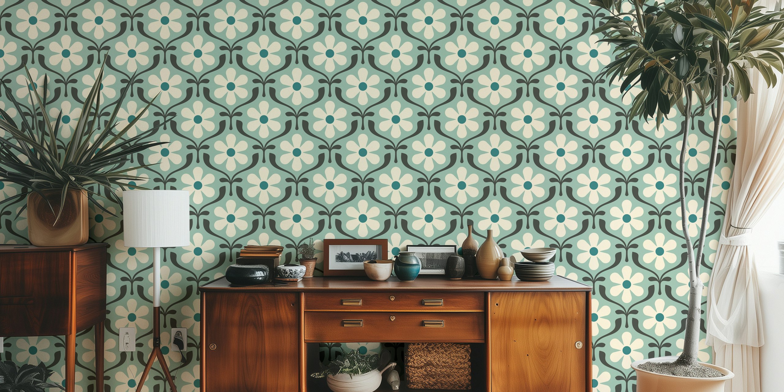 Retro Daisy Blooms in Turquoise Teal wallpaper