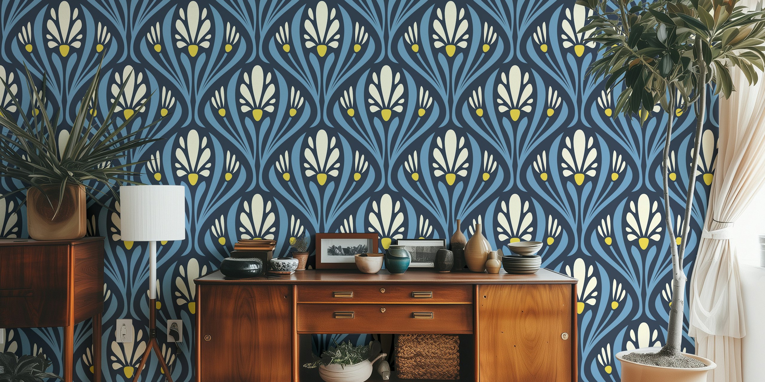 Floral motifs with blue and cream colors in an Art Nouveau style wallpaper