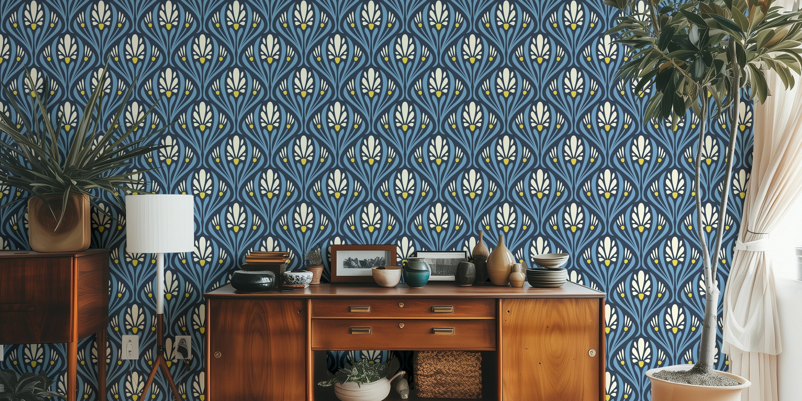 Art Nouveau Floral in Blue tapetdesign