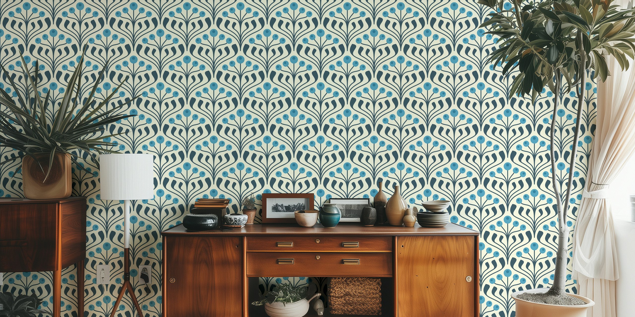 Tapeta Elegant Berry Motif in Blue v pokoji
