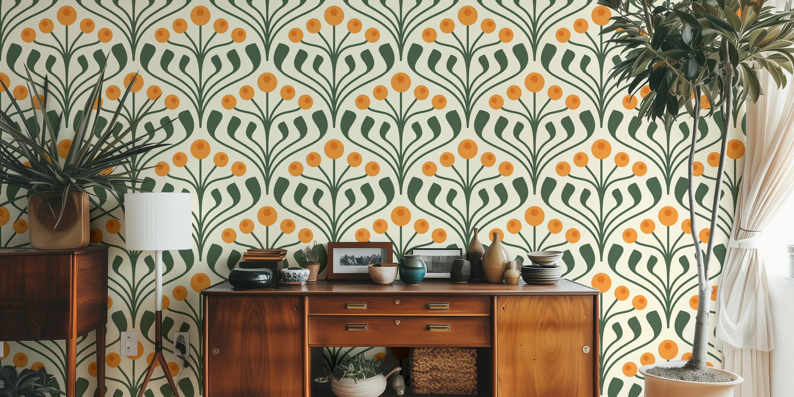 Elegant berry motif wallpaper in a room