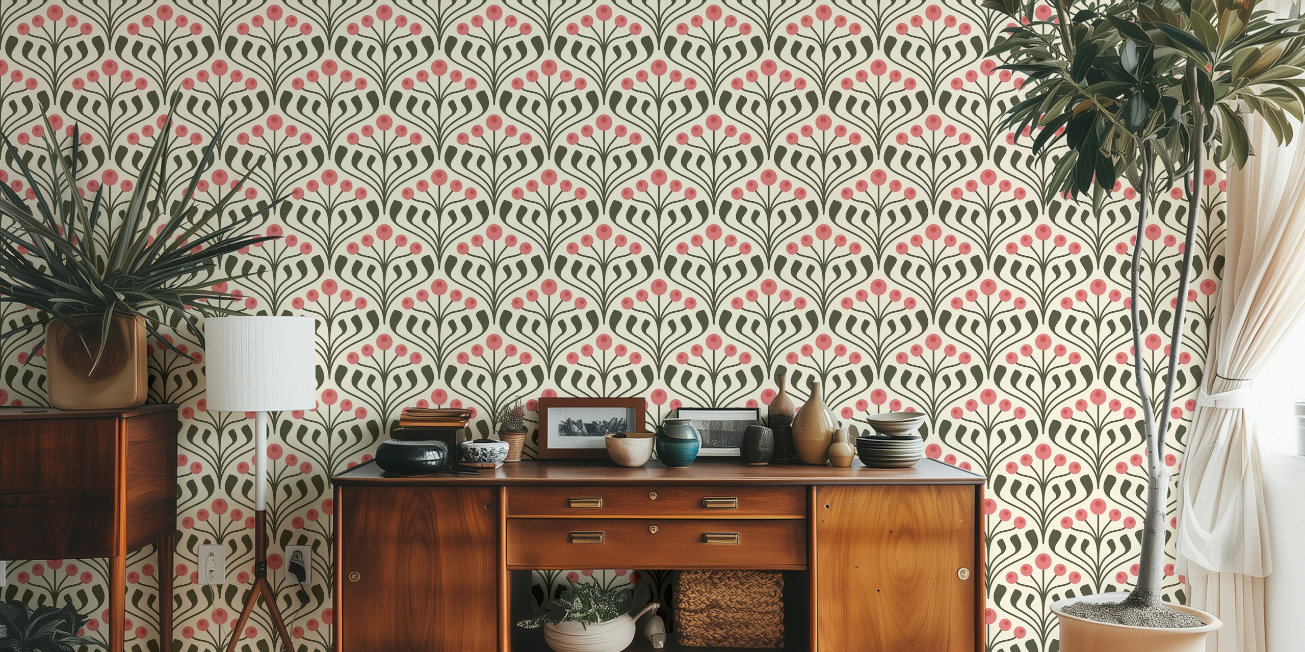 Pink and green floral motif wall mural wallpaper