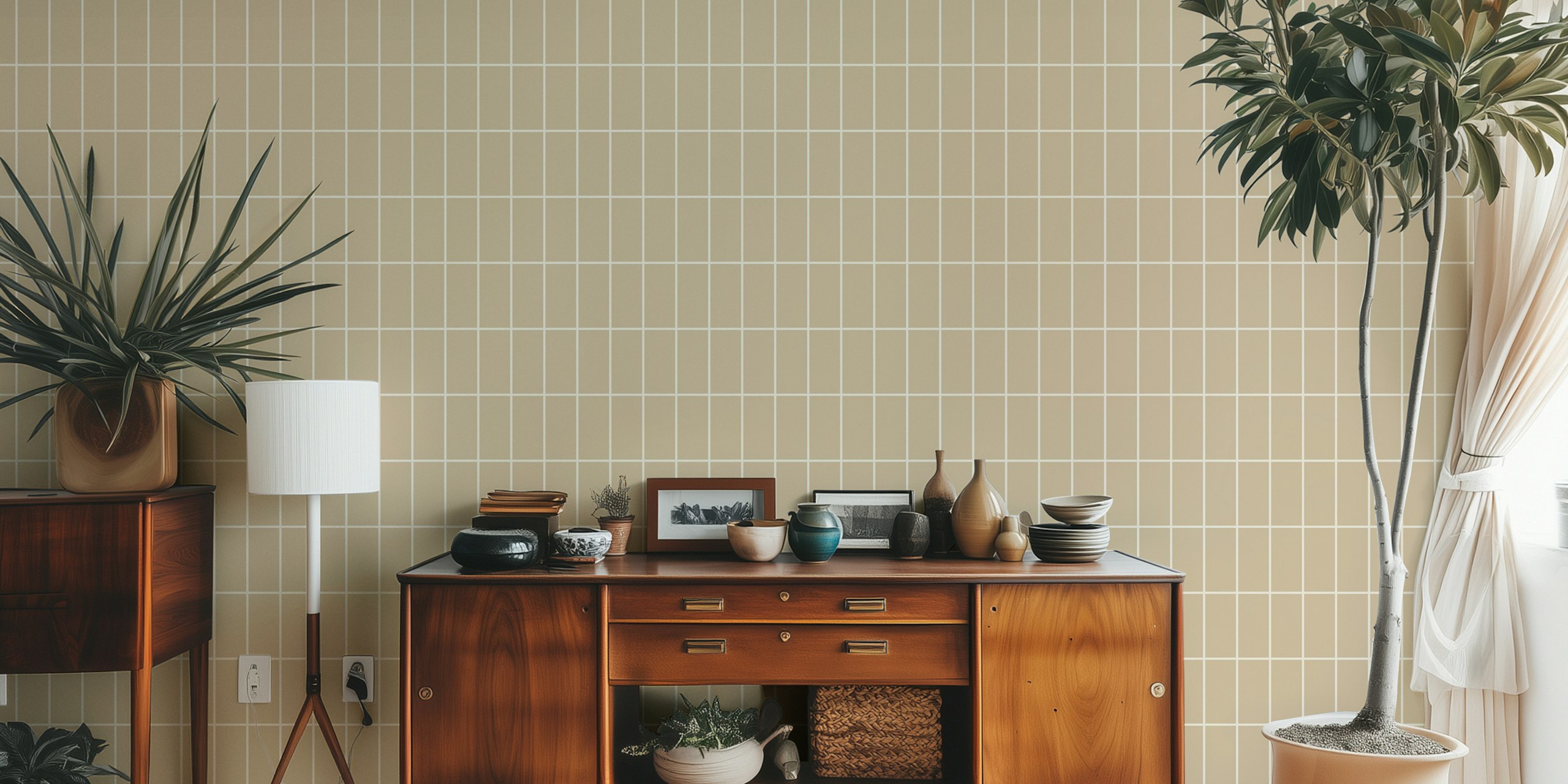 Beige grid tile pattern minimalist wallpaper