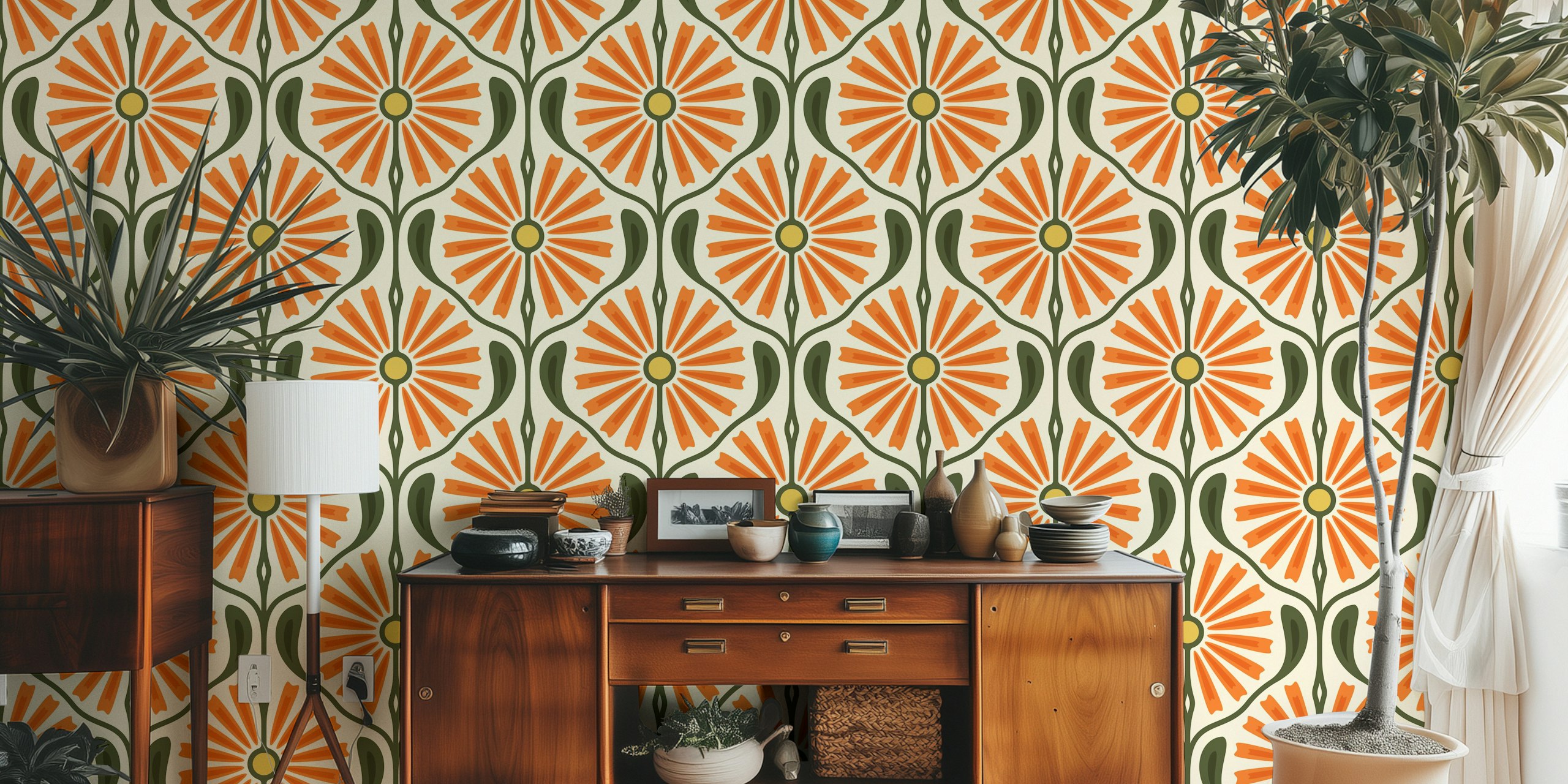 Retro sunburst orange wallpaper in a room