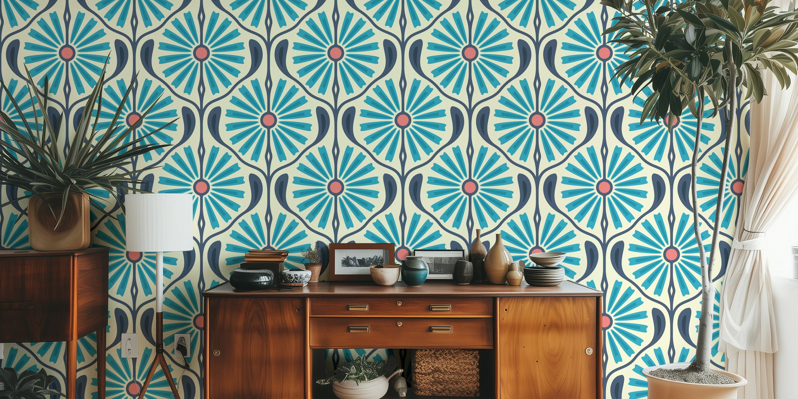 Retro Sunburst Charm in Blue wallpaper in a room
