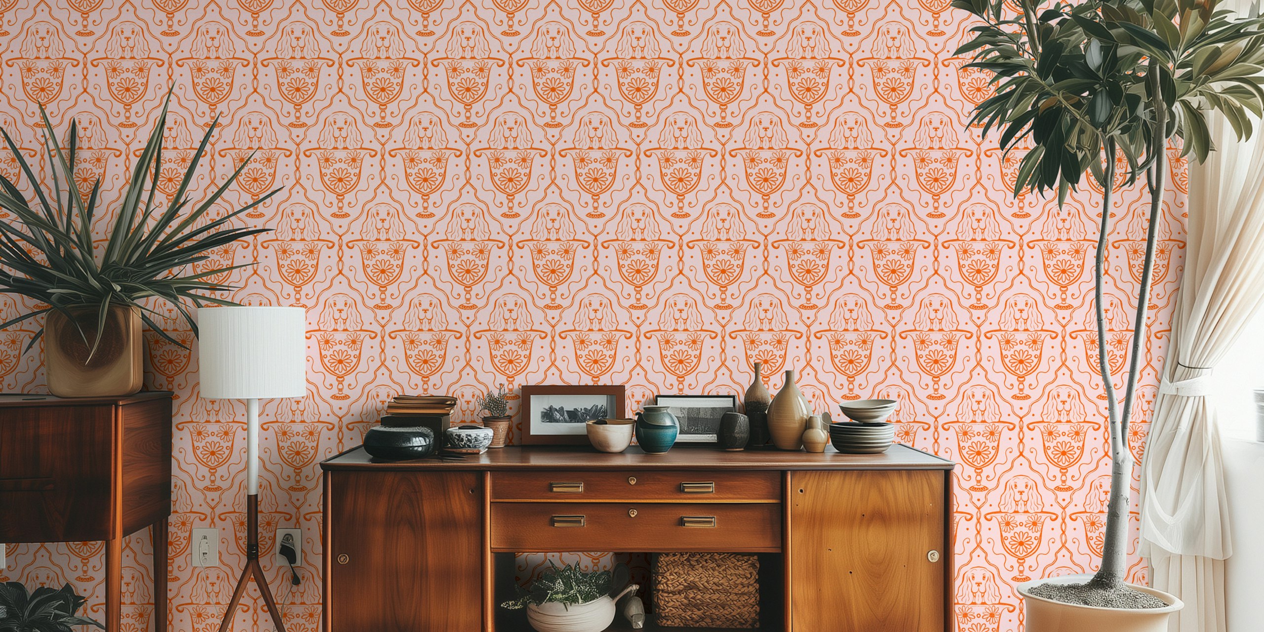 Floral vase and dog cute wallpaper in a room
