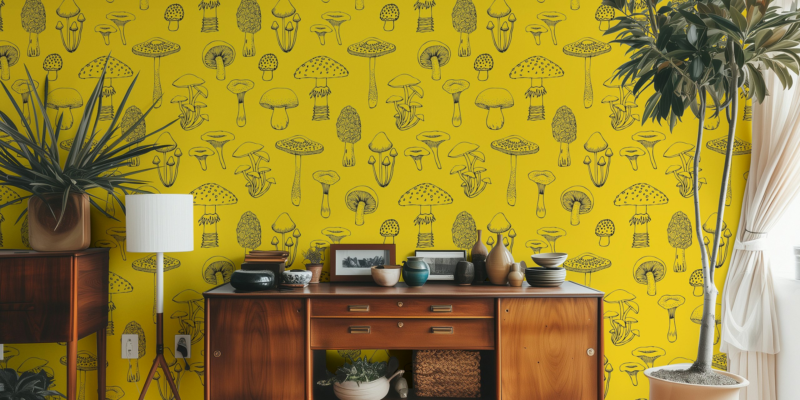 Mushroom pattern on mustard yellow background wallpaper