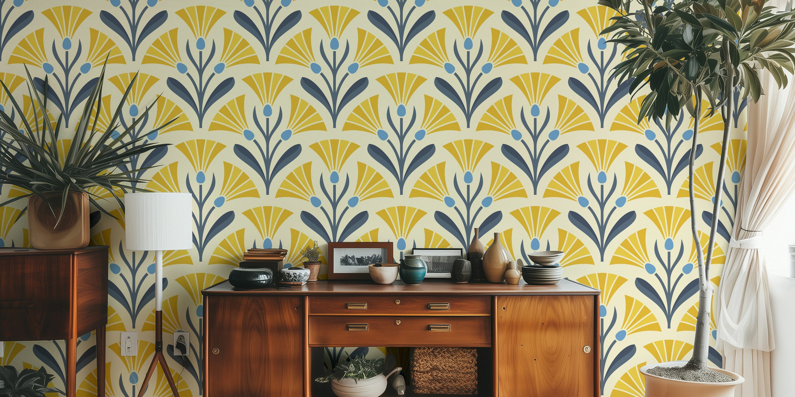 Art Deco floral design in yellow, navy, and blue wallpaper