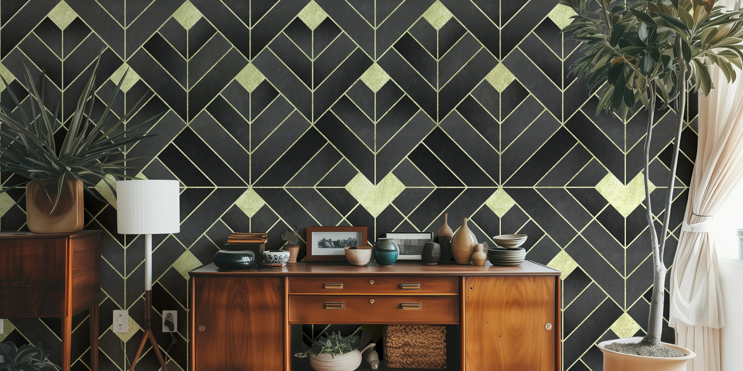 Art Deco geometric pattern in black and gold wallpaper
