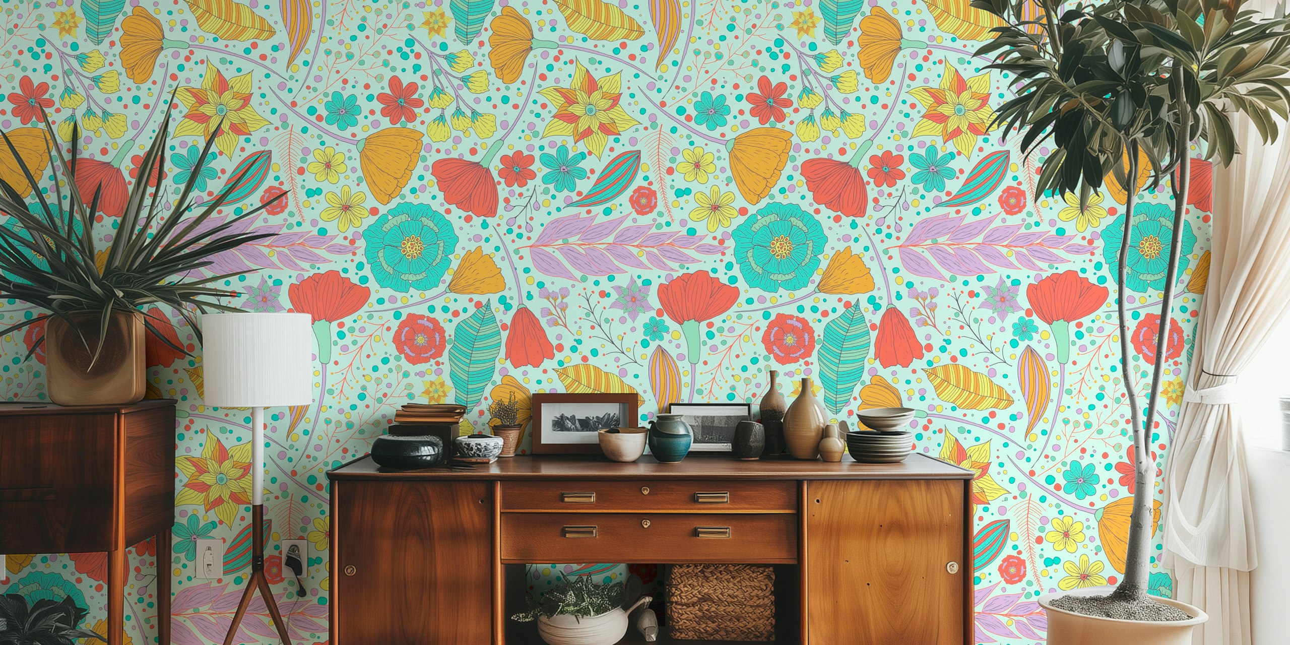 Joyful spring flowers wallpaper in a room