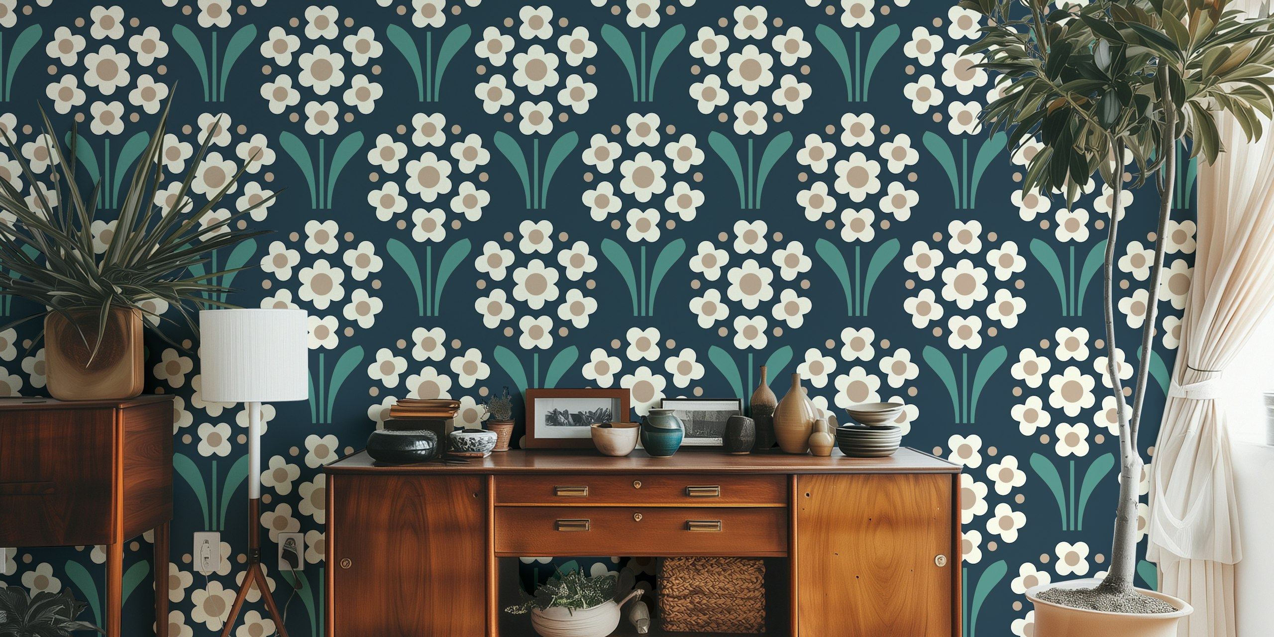 Floral design with green leaves and beige flowers wallpaper