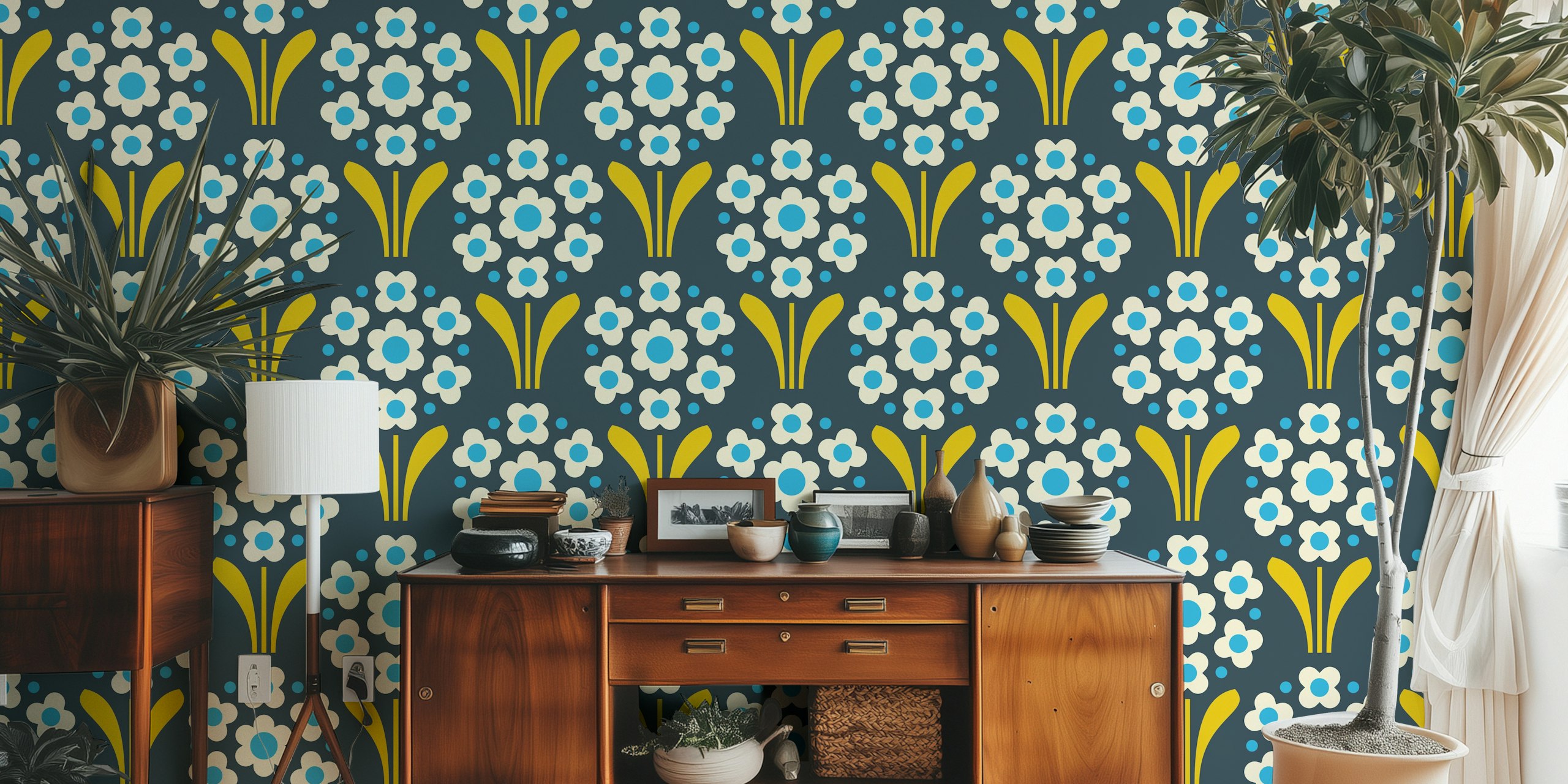 Floral pattern with blue flowers and yellow leaves on dark background wallpaper