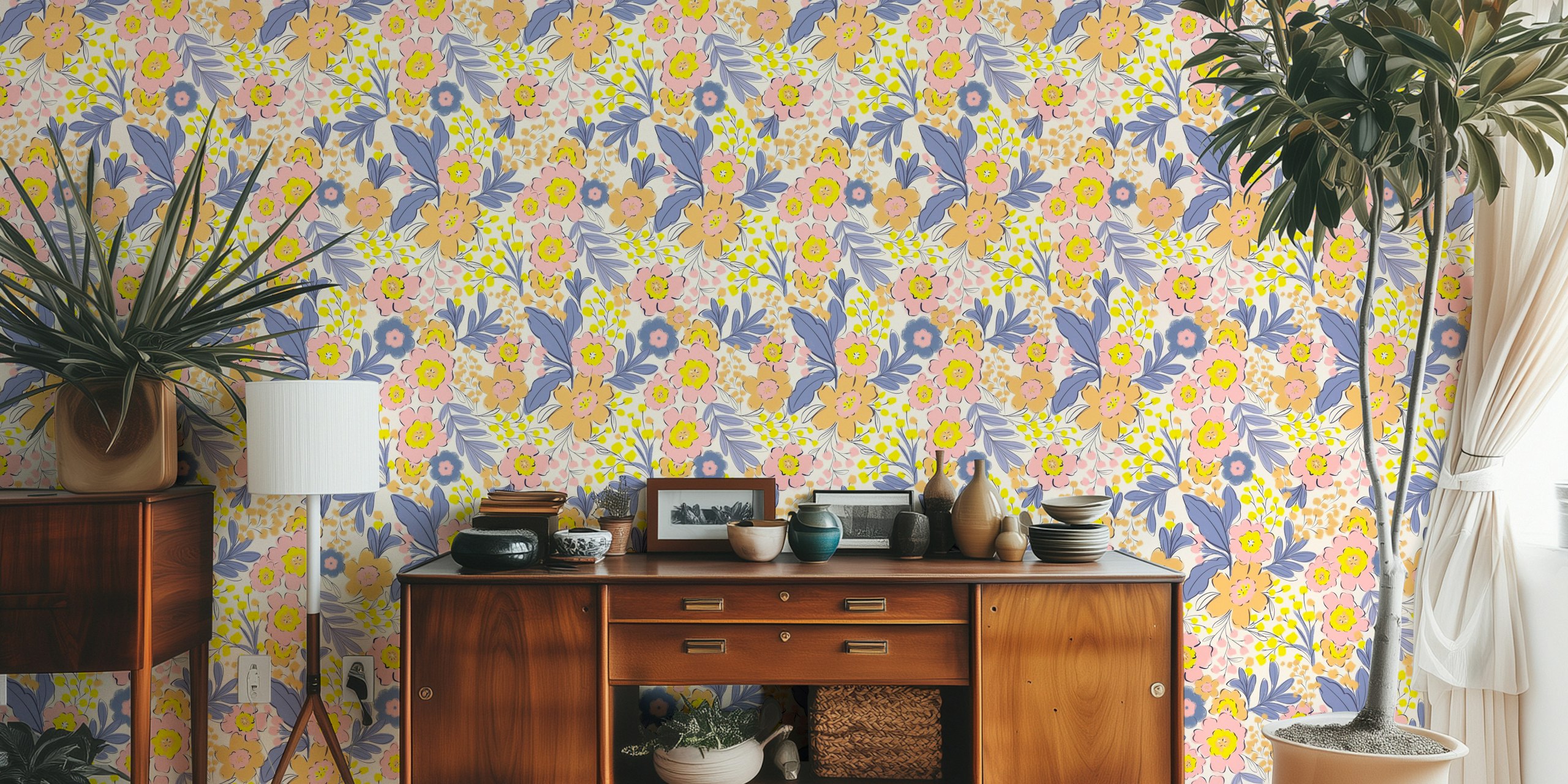 Whimsical Floral Spray-tapet i et rum