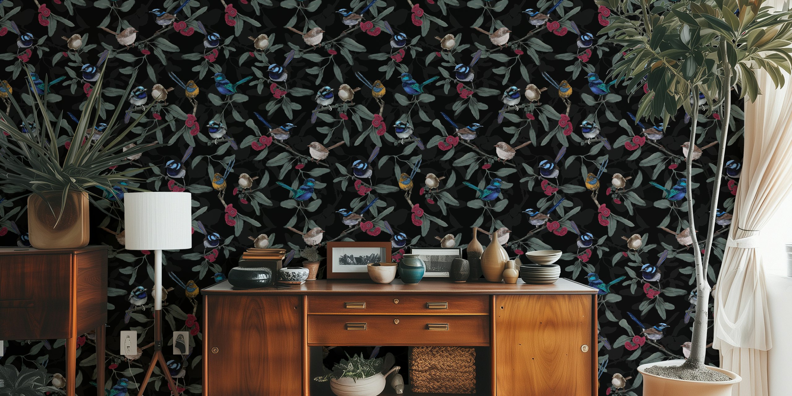 Colorful wrens and leaves on black background wallpaper