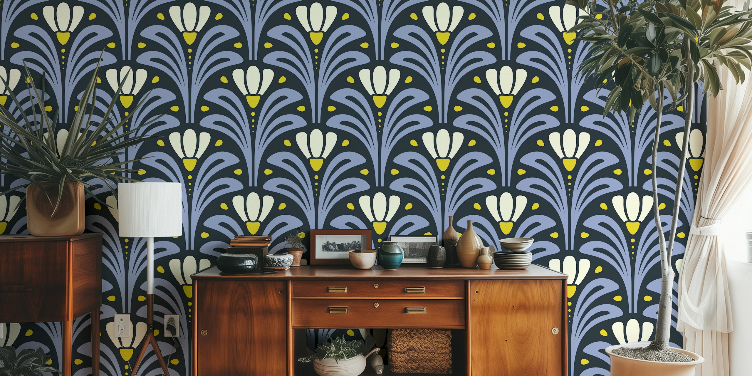 Mid-Century Blossoms wallpaper in a room