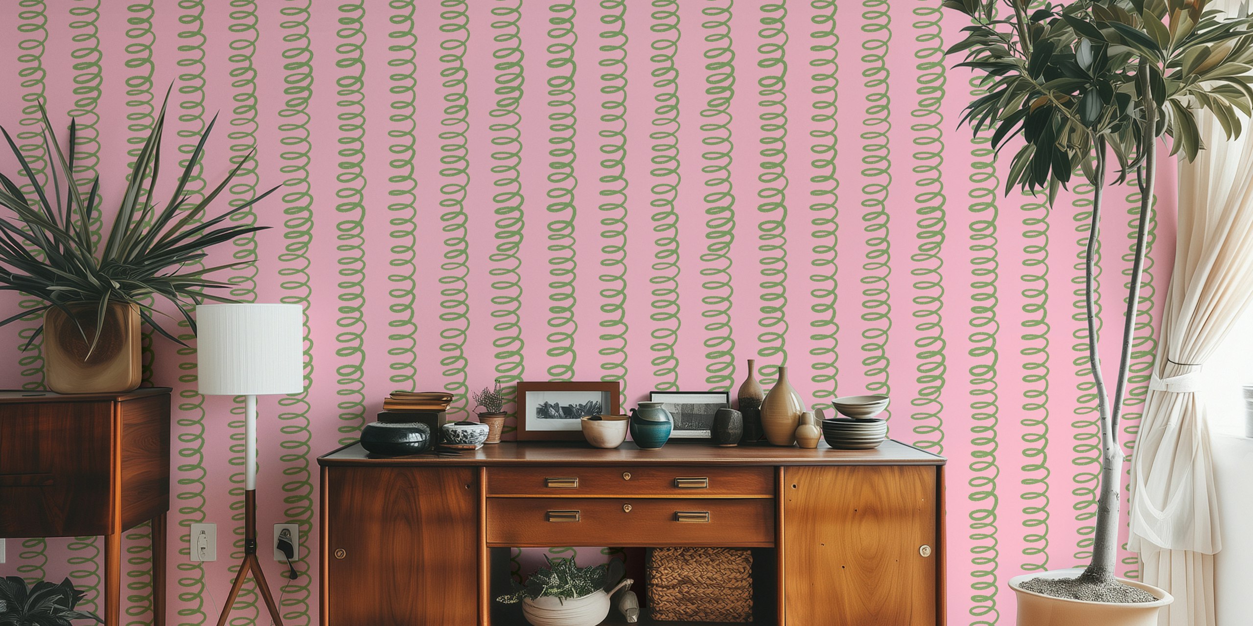 Pink and green loops funky wallpaper design