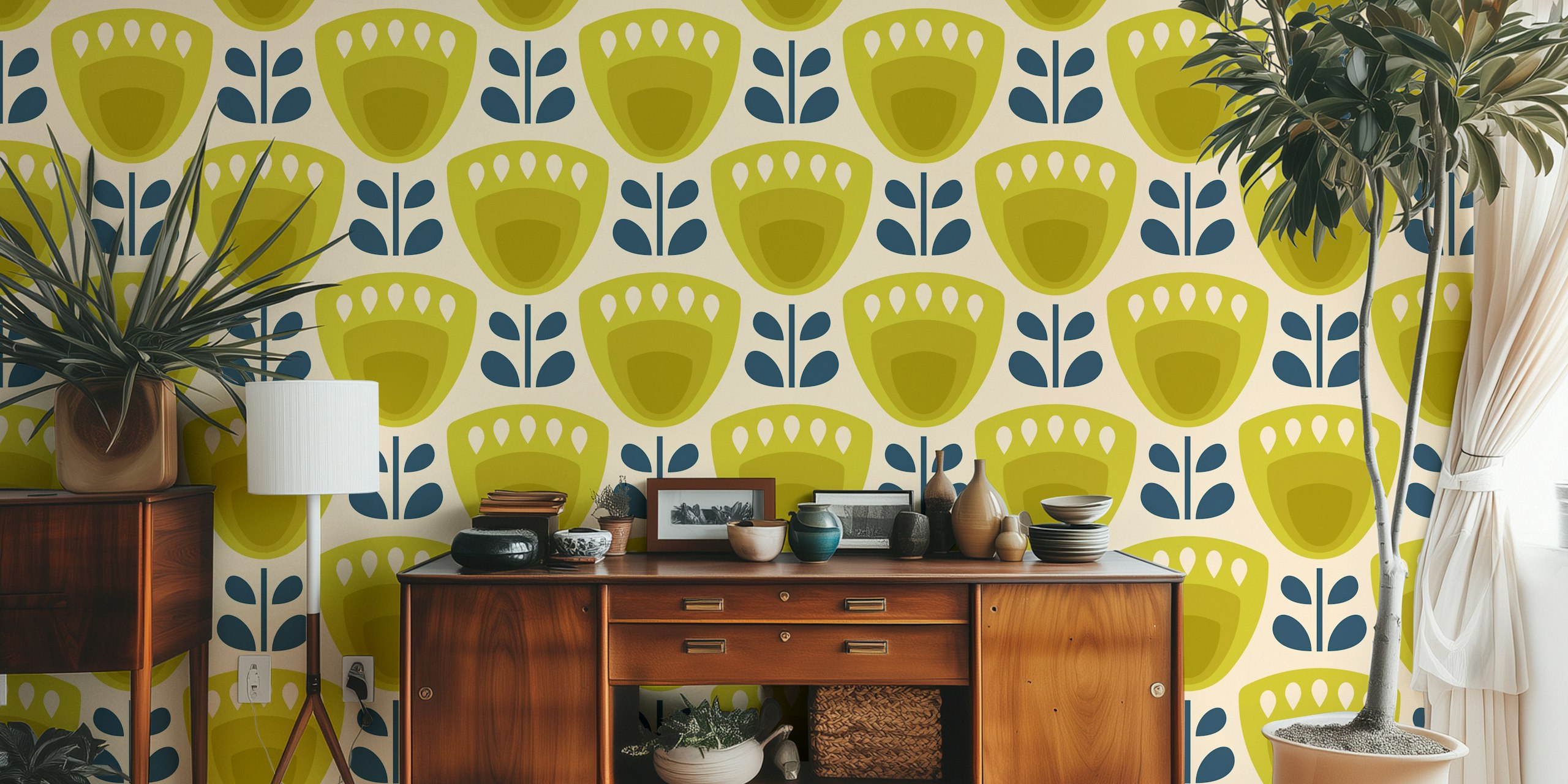 Ταπετσαρία Mid-Century Tulips in Green στο δωμάτιο