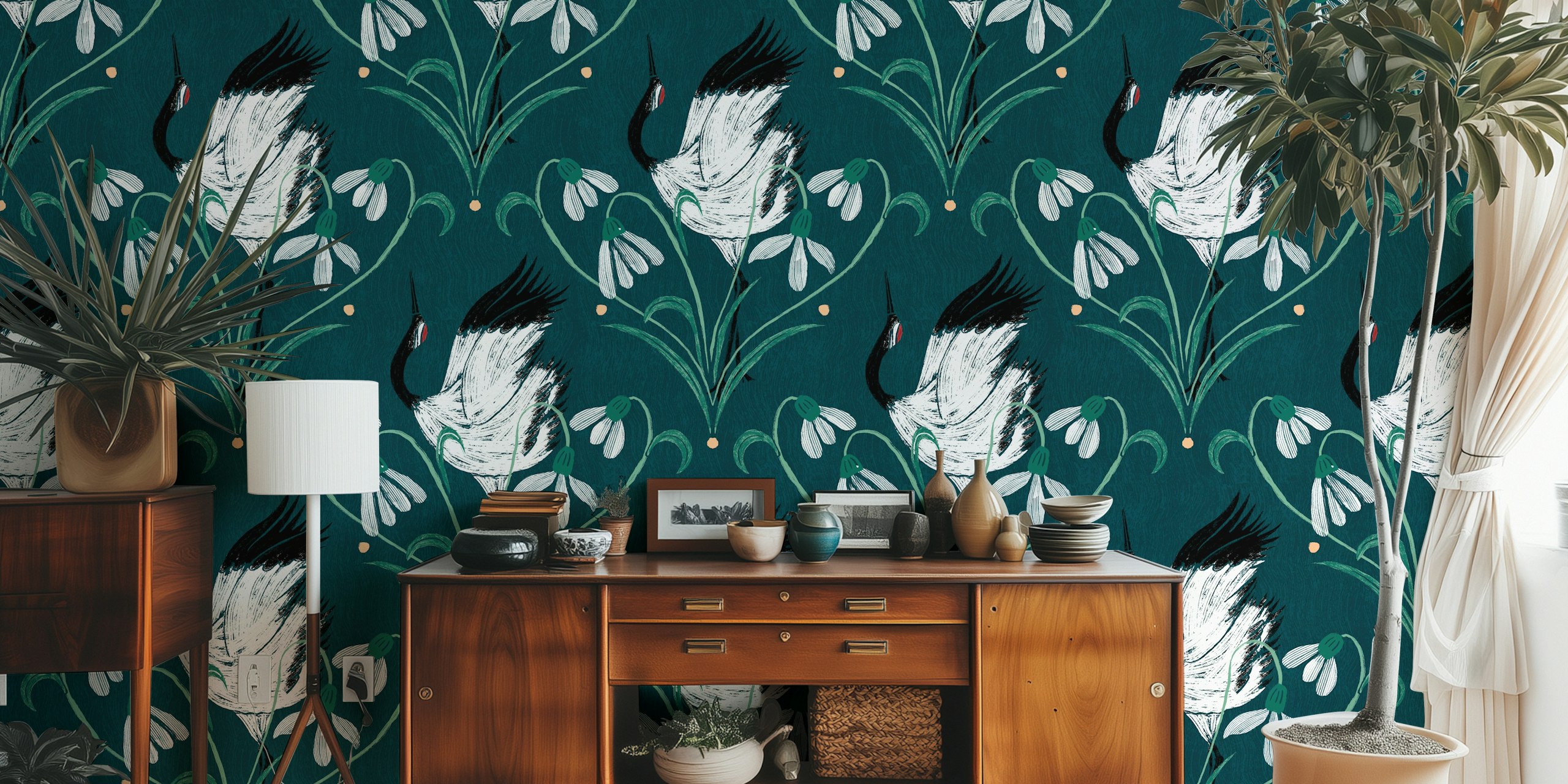 Cranes and Snowdrops Harmony-tapet i ett rum
