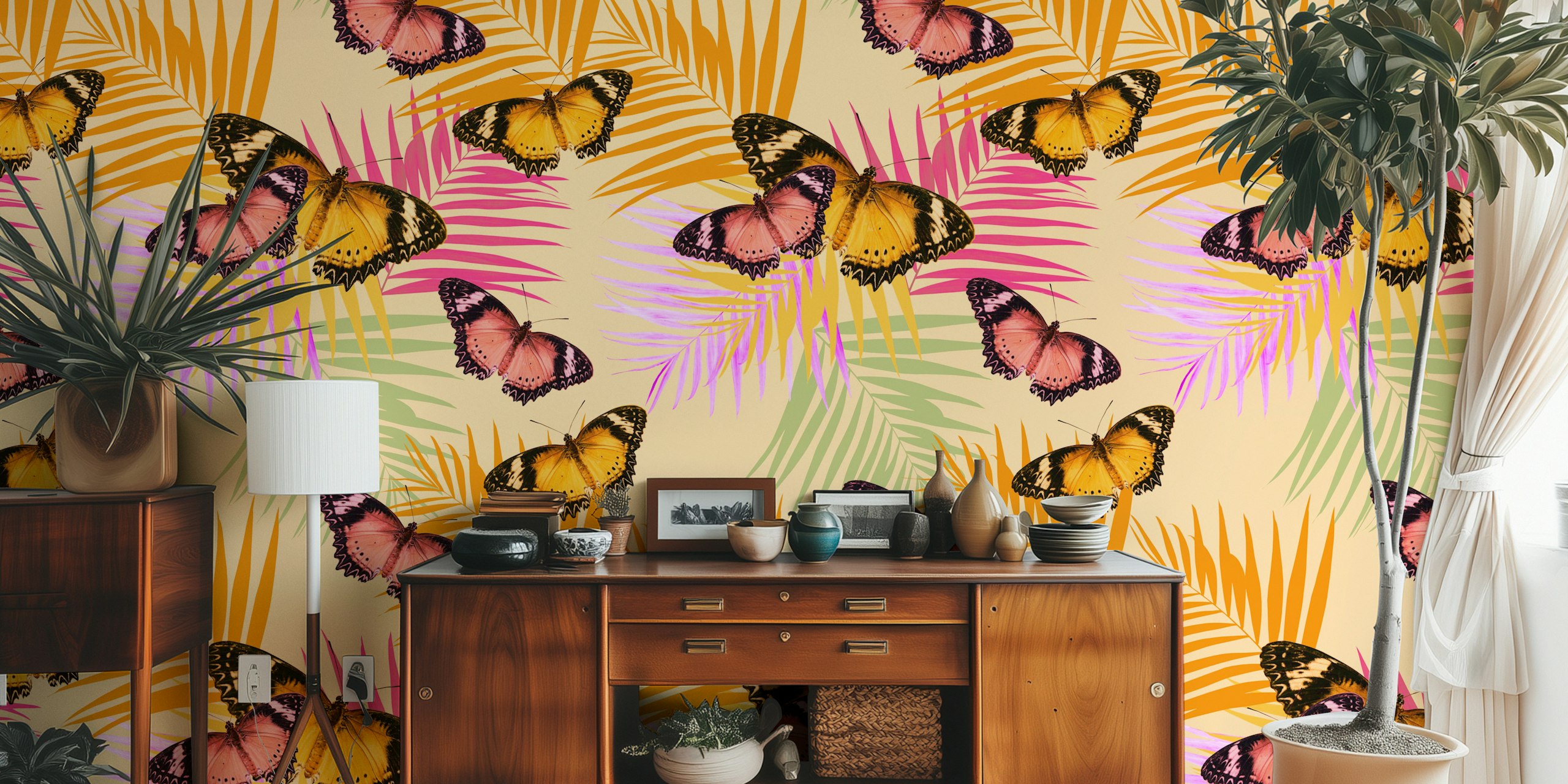 Retro Summer Butterfly Palm Dream -tapetti huoneessa