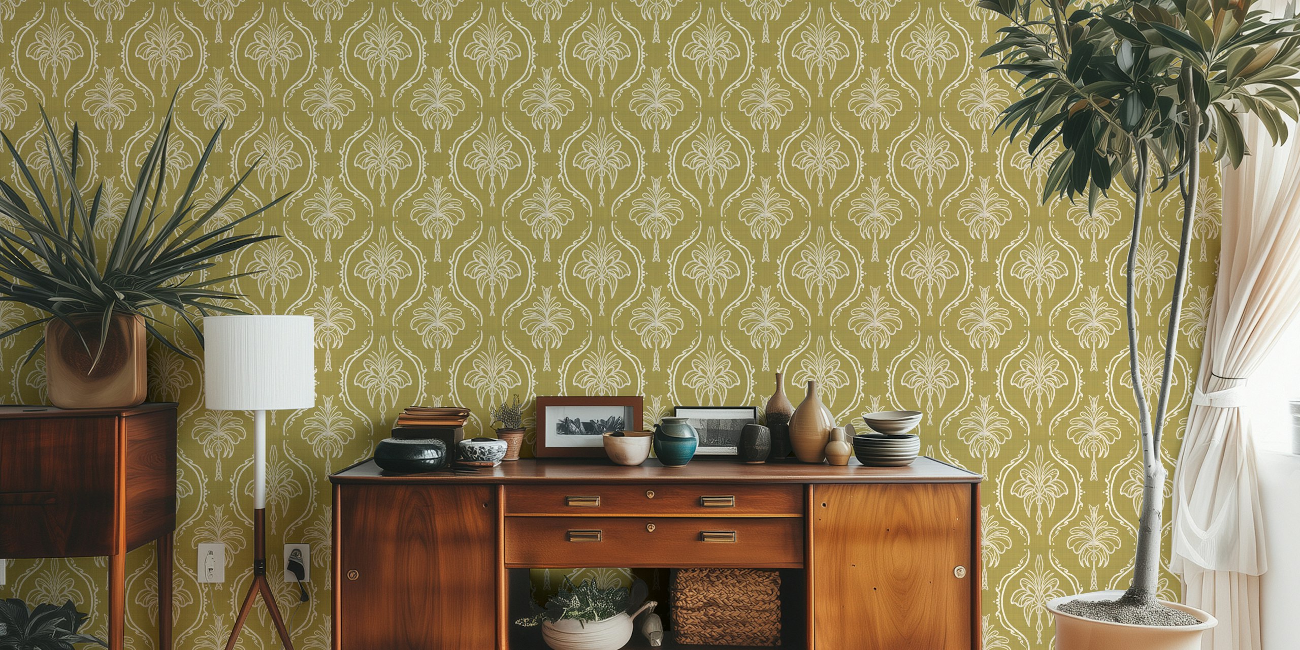 Papier peint Revival Damask Greeny Moss dans une pièce