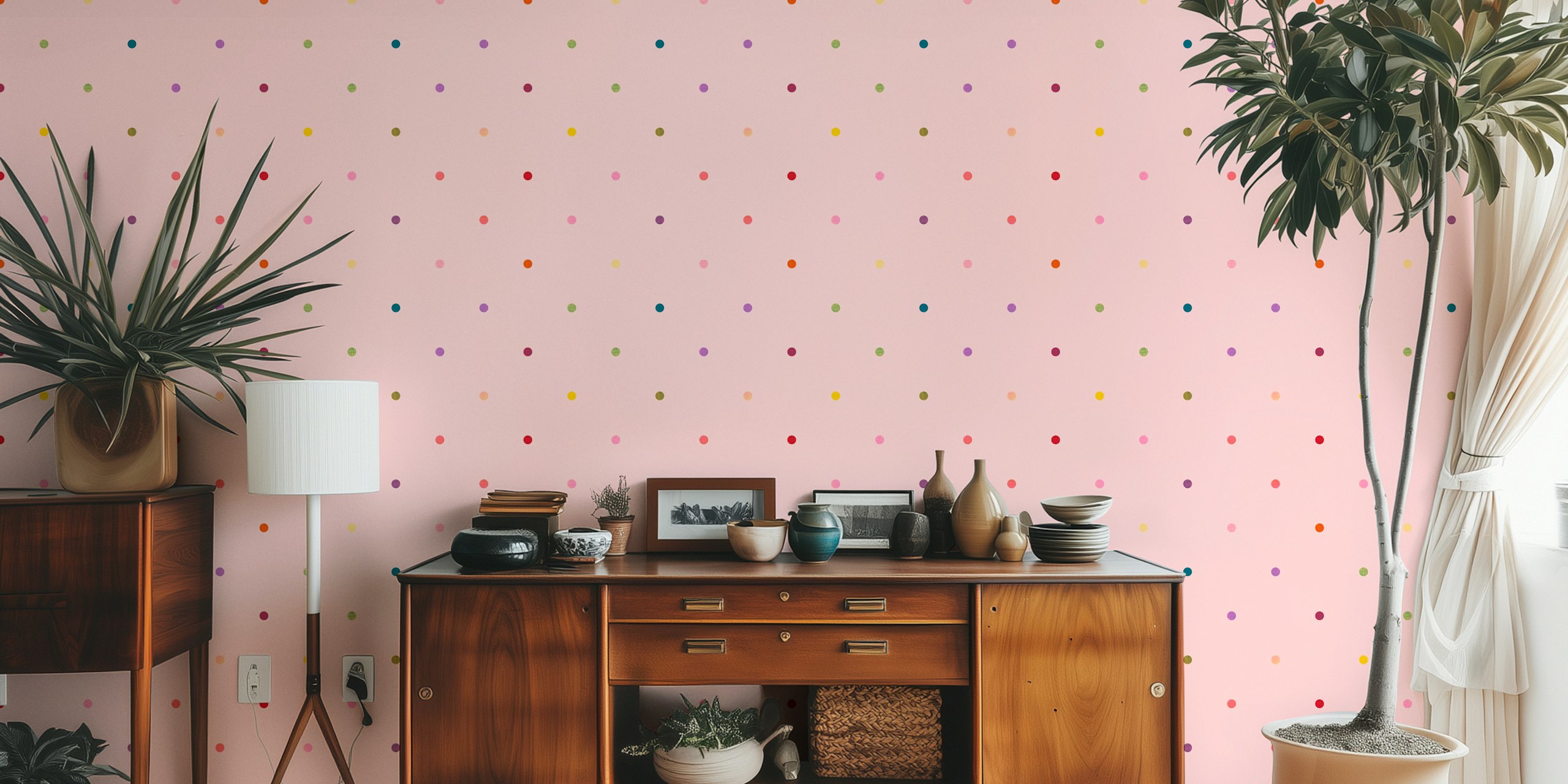 Pastel pink wallpaper with rainbow colored polka dots