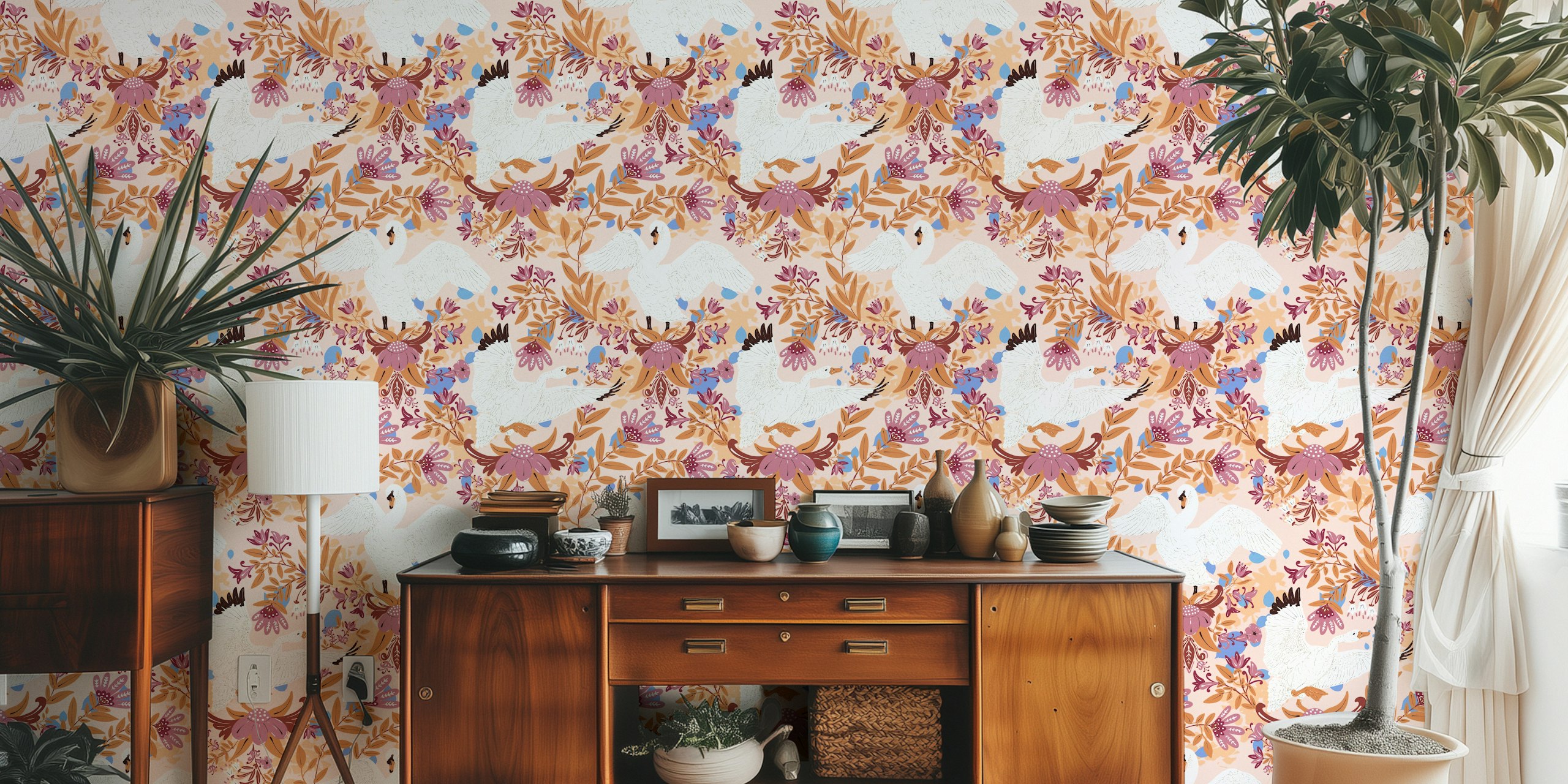 Tapeta Graceful Swans in Bloom w pokoju
