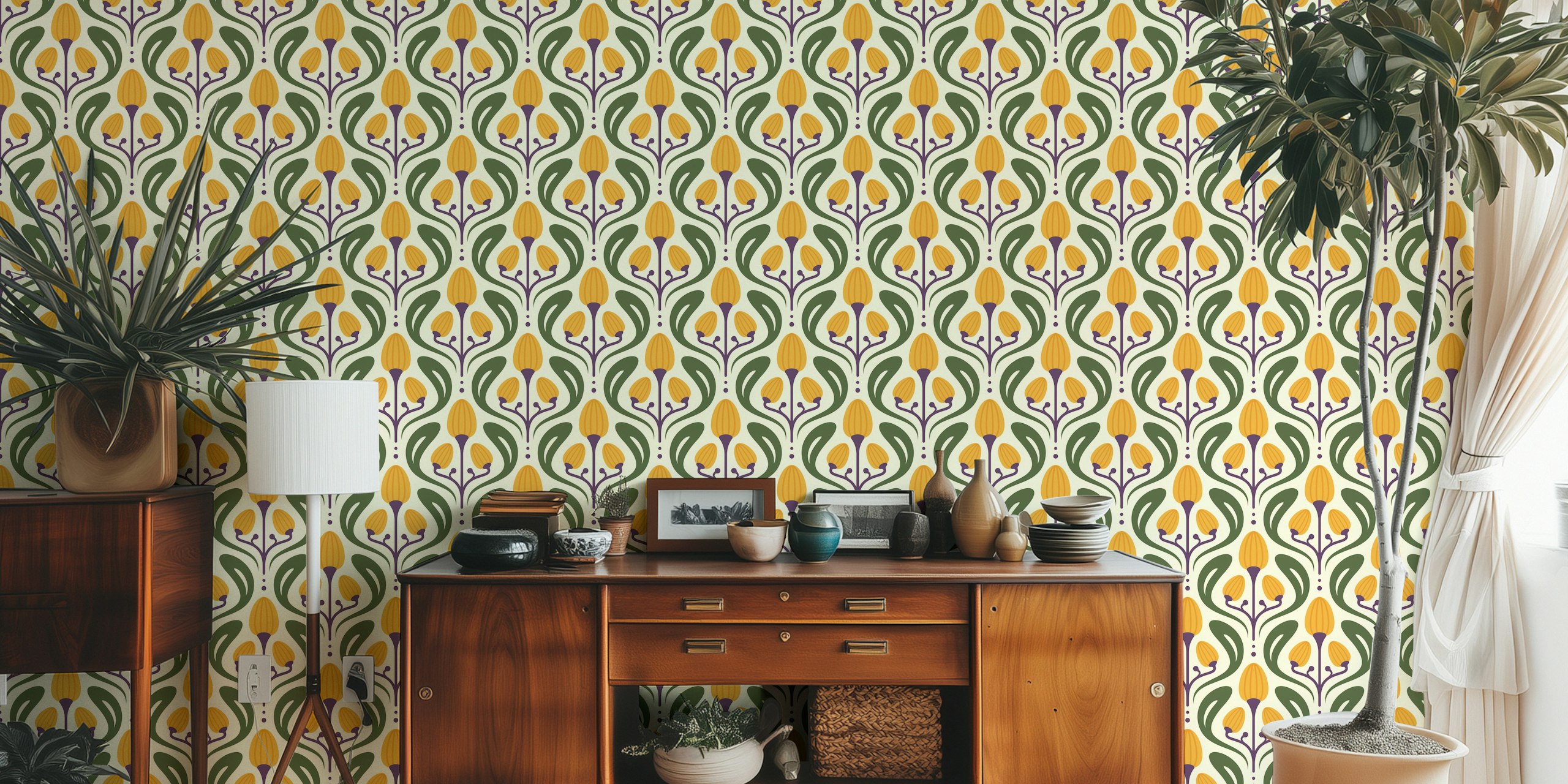 Artistic nature blooms wallpaper in a room
