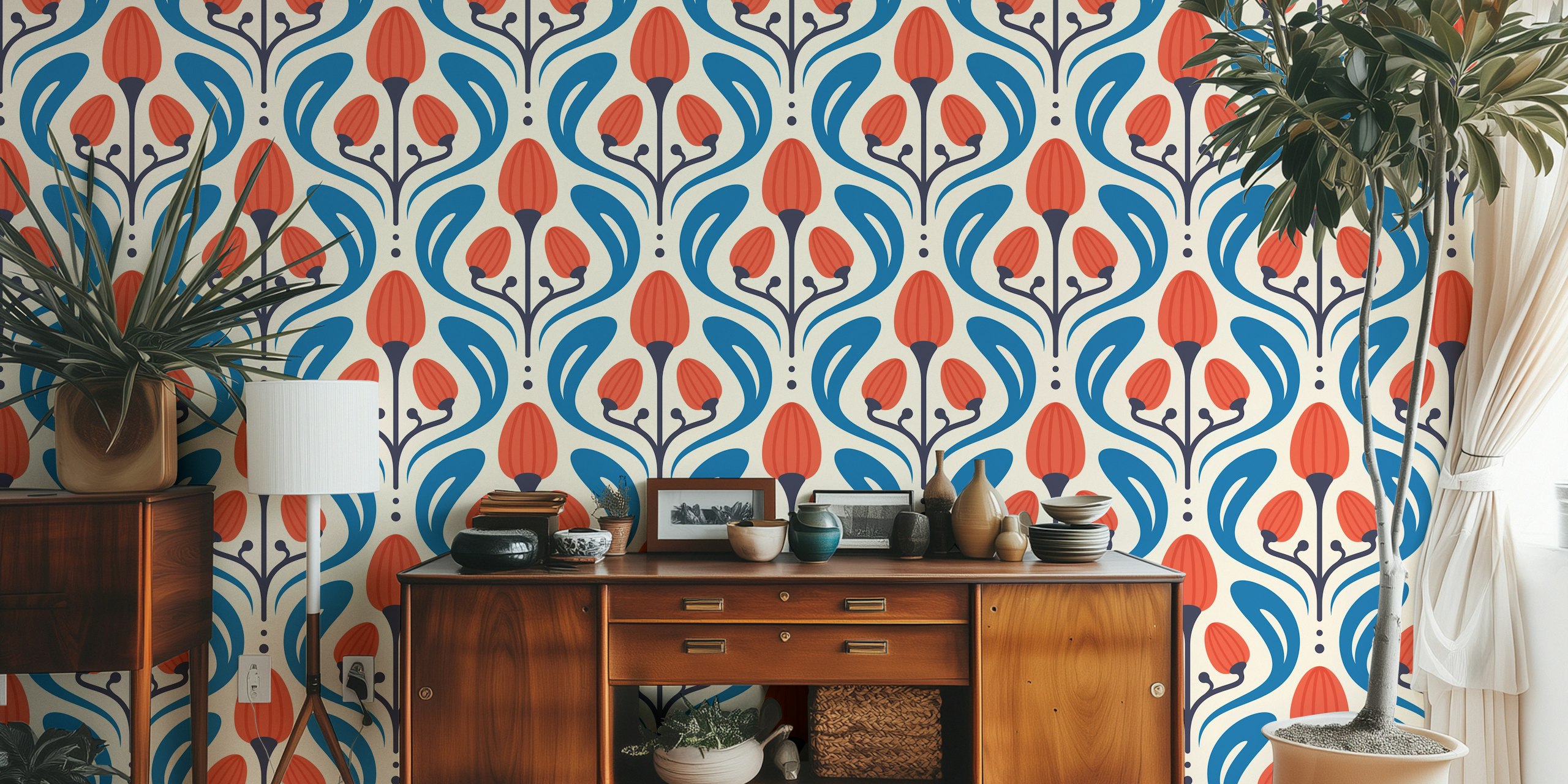 Floral motif with red flowers and blue leaves wallpaper