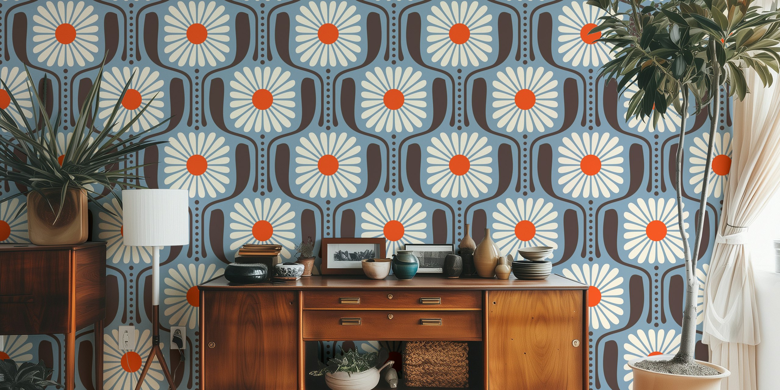 Floral daisies in white and orange on blue background wallpaper