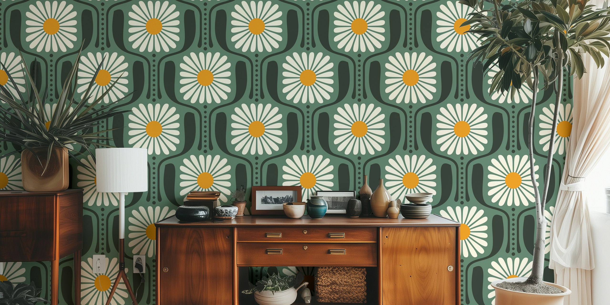 Green background with white daisy flowers and yellow centers wallpaper