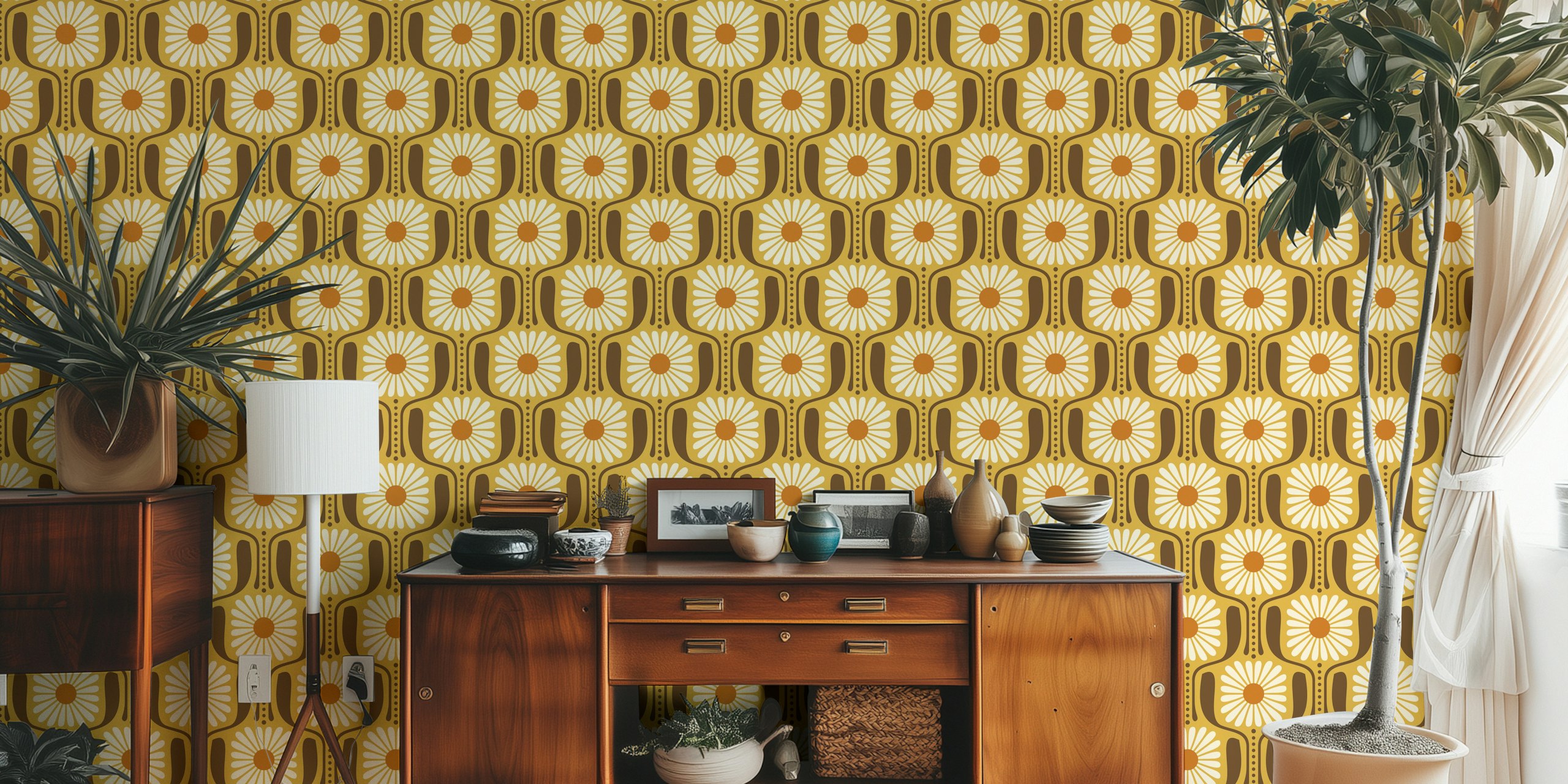 Timeless Daisy Art in Yellow wallpaper in a room