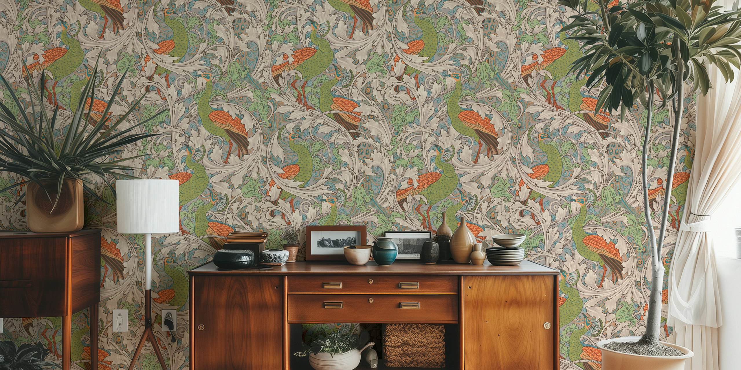 Peacock garden wallpaper design displayed in a room