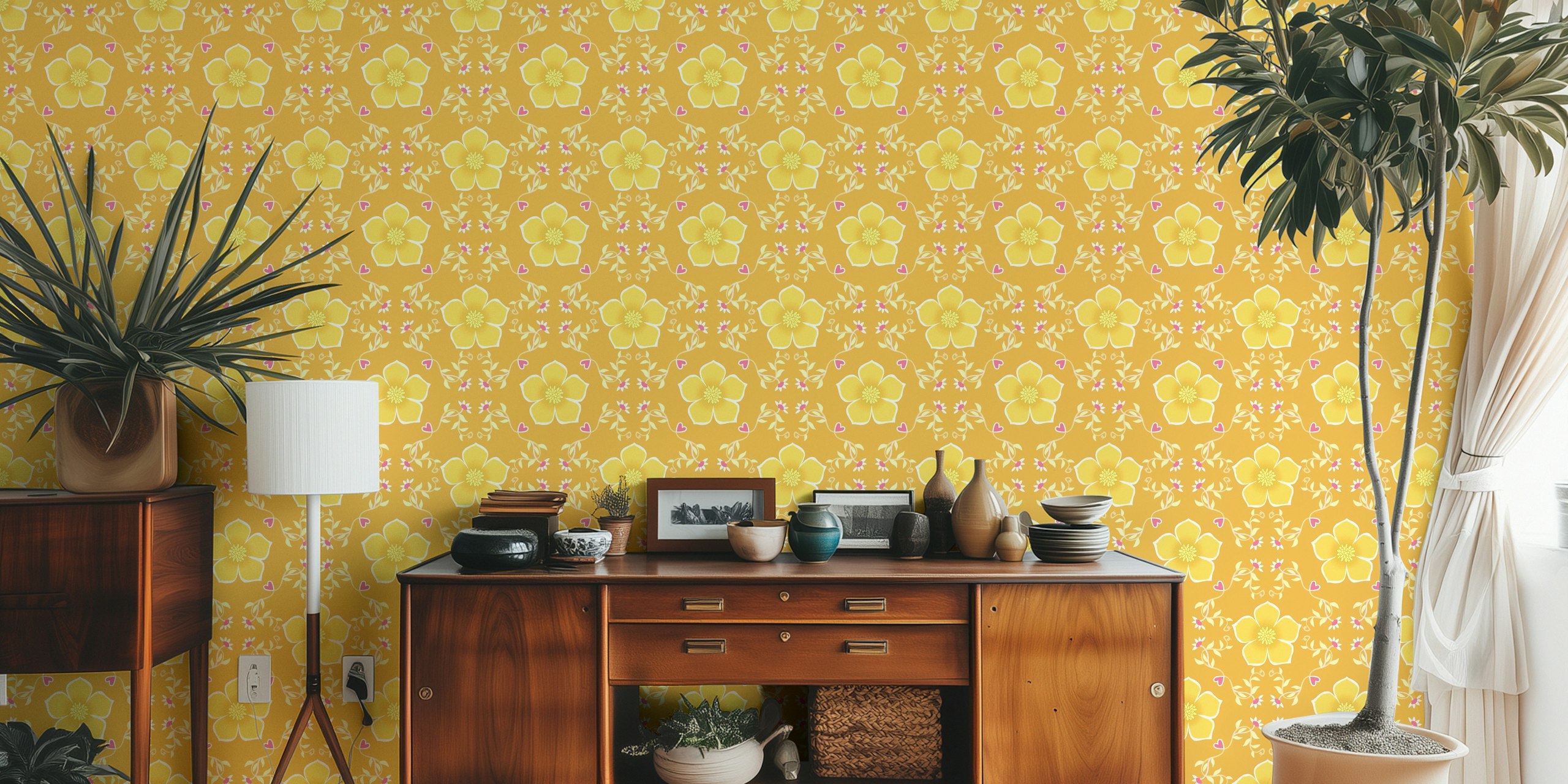 Yellow floral wall mural with heart motifs and green vines wallpaper