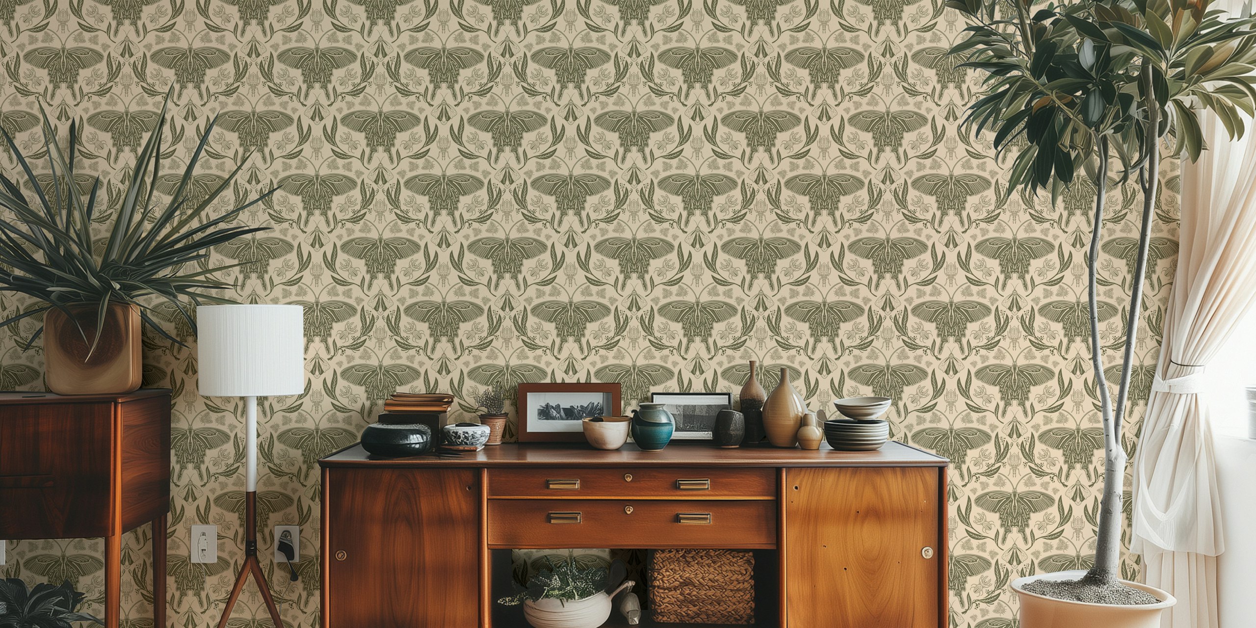 Leafy butterfly wallpaper vist i et rom