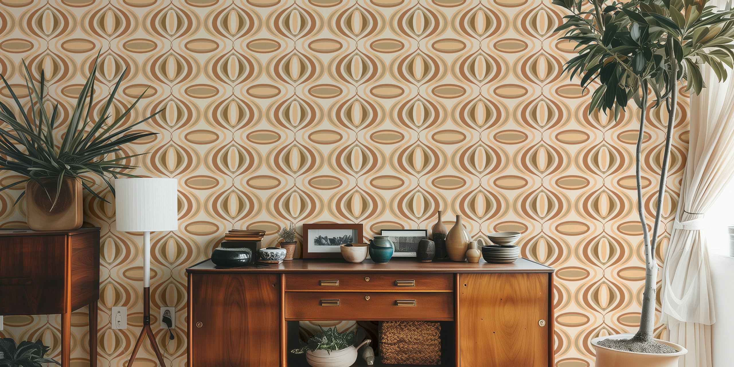 70s Curvilinear Mocha Mousse tapet i et rom