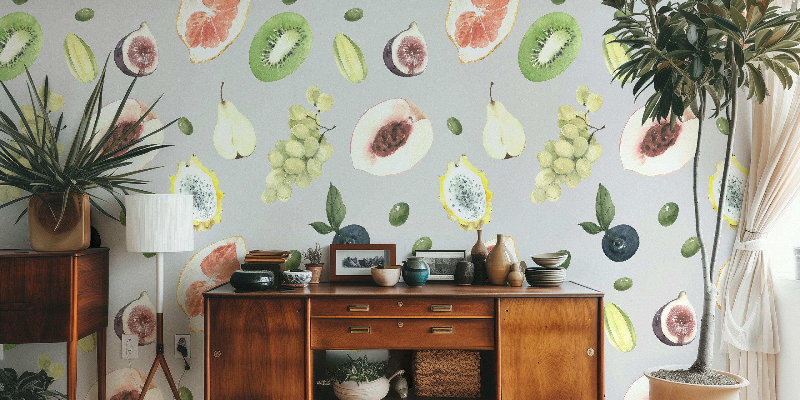 Botanical fruit wallpaper with kiwi, pear, and grapes in pastel colors