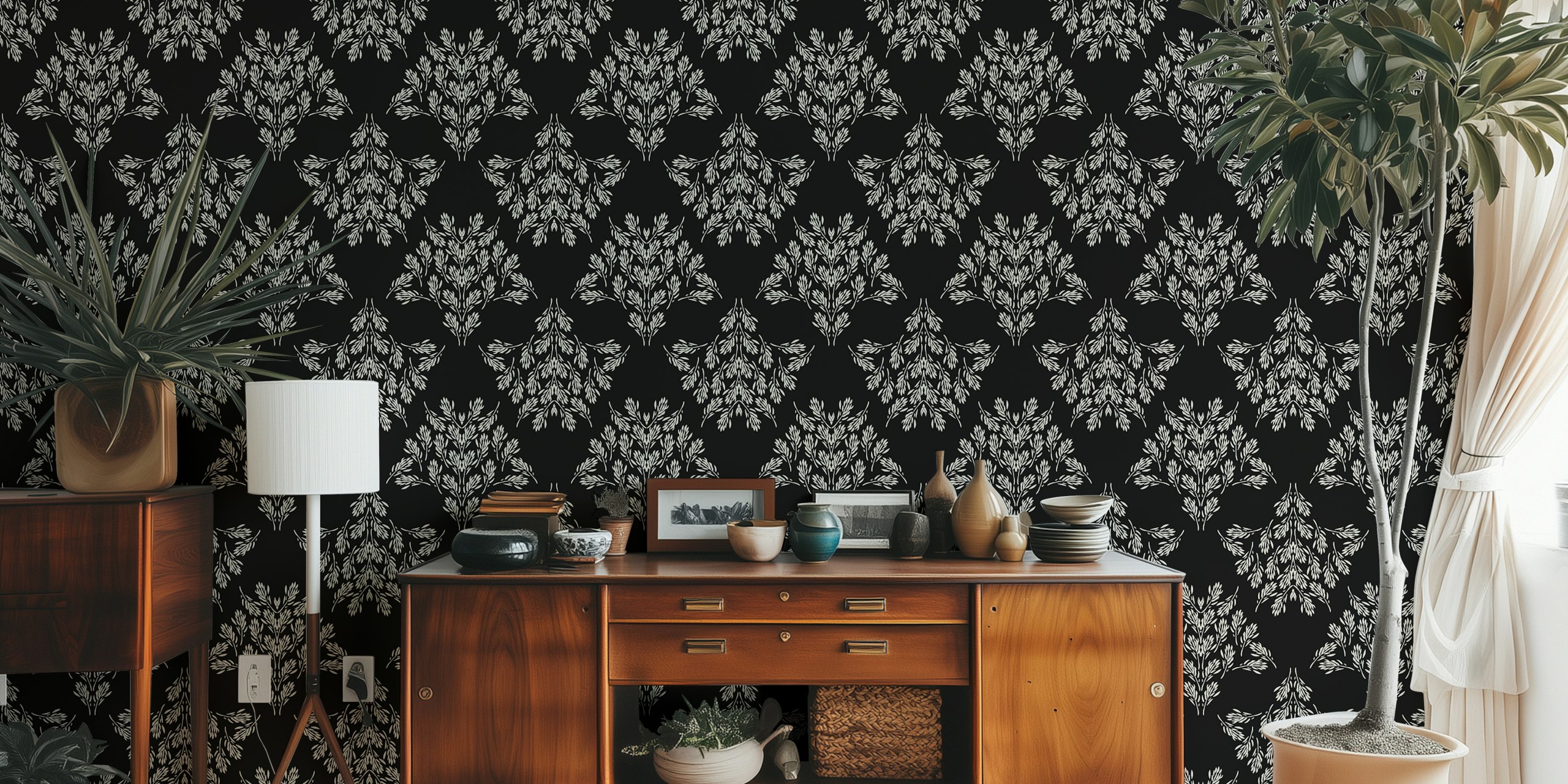 Rustic leaf damask wallpaper σε ένα δωμάτιο