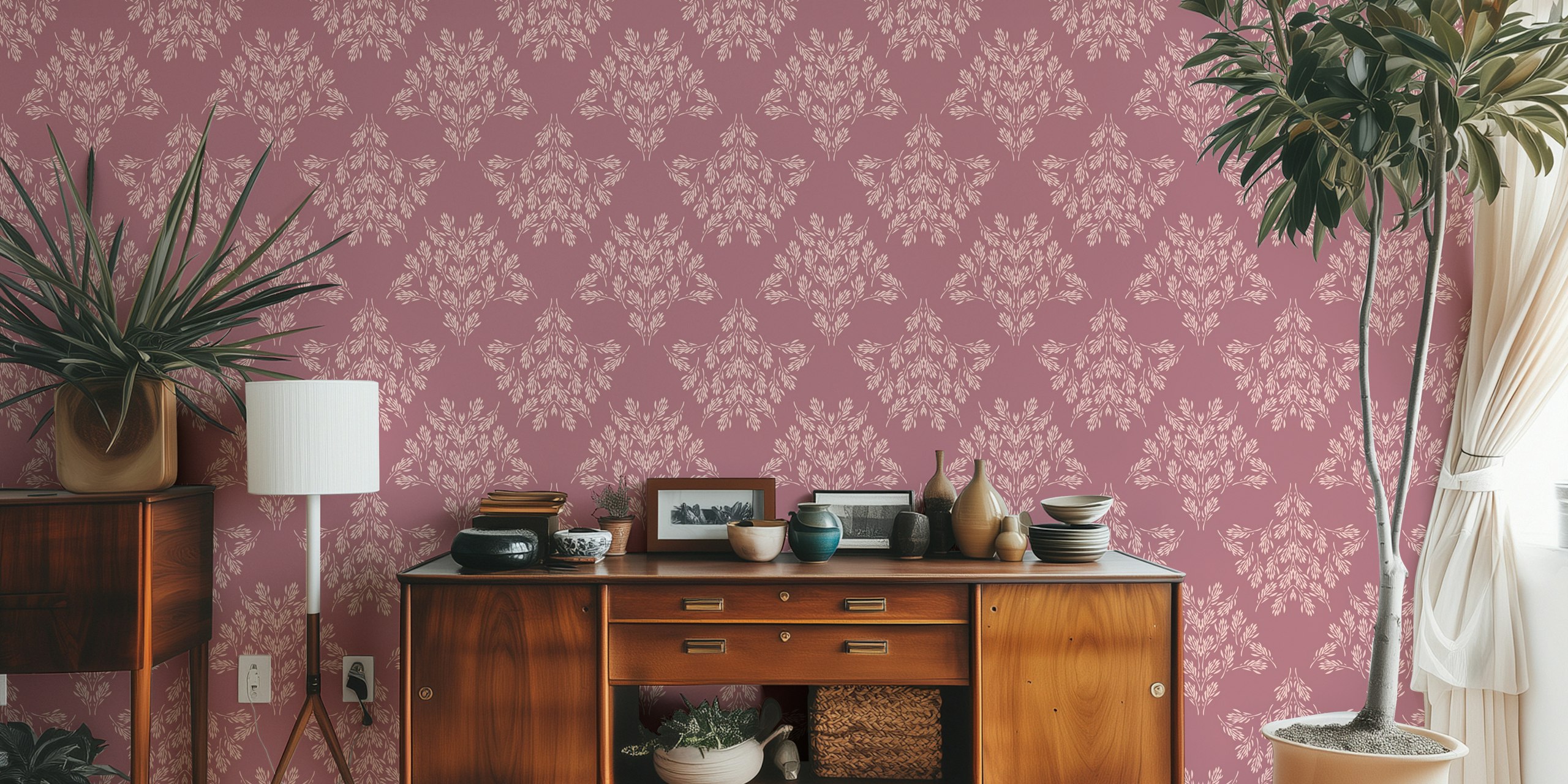 Rustic leaf damask wallpaper in antique pink