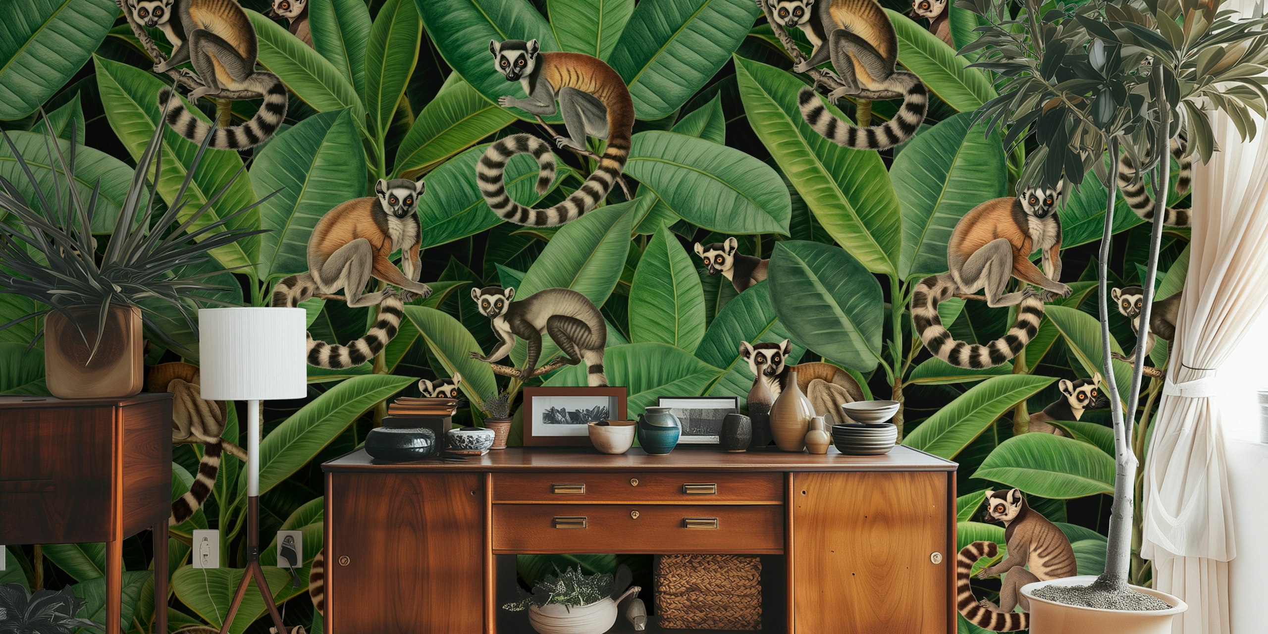 Lemurs sitting among lush green leaves in a tropical jungle wallpaper