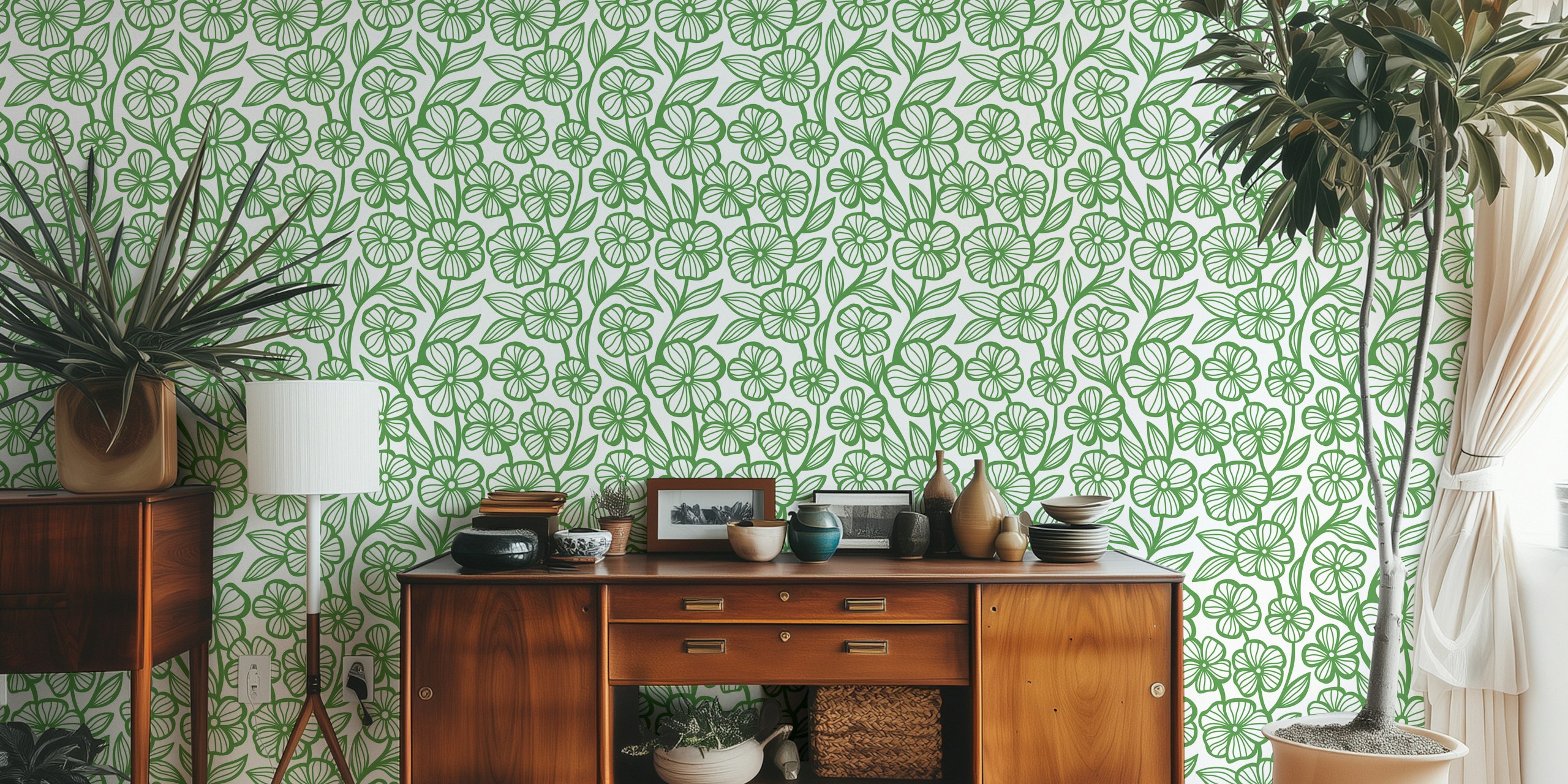 Green floral design with intricate lines and leaves wallpaper